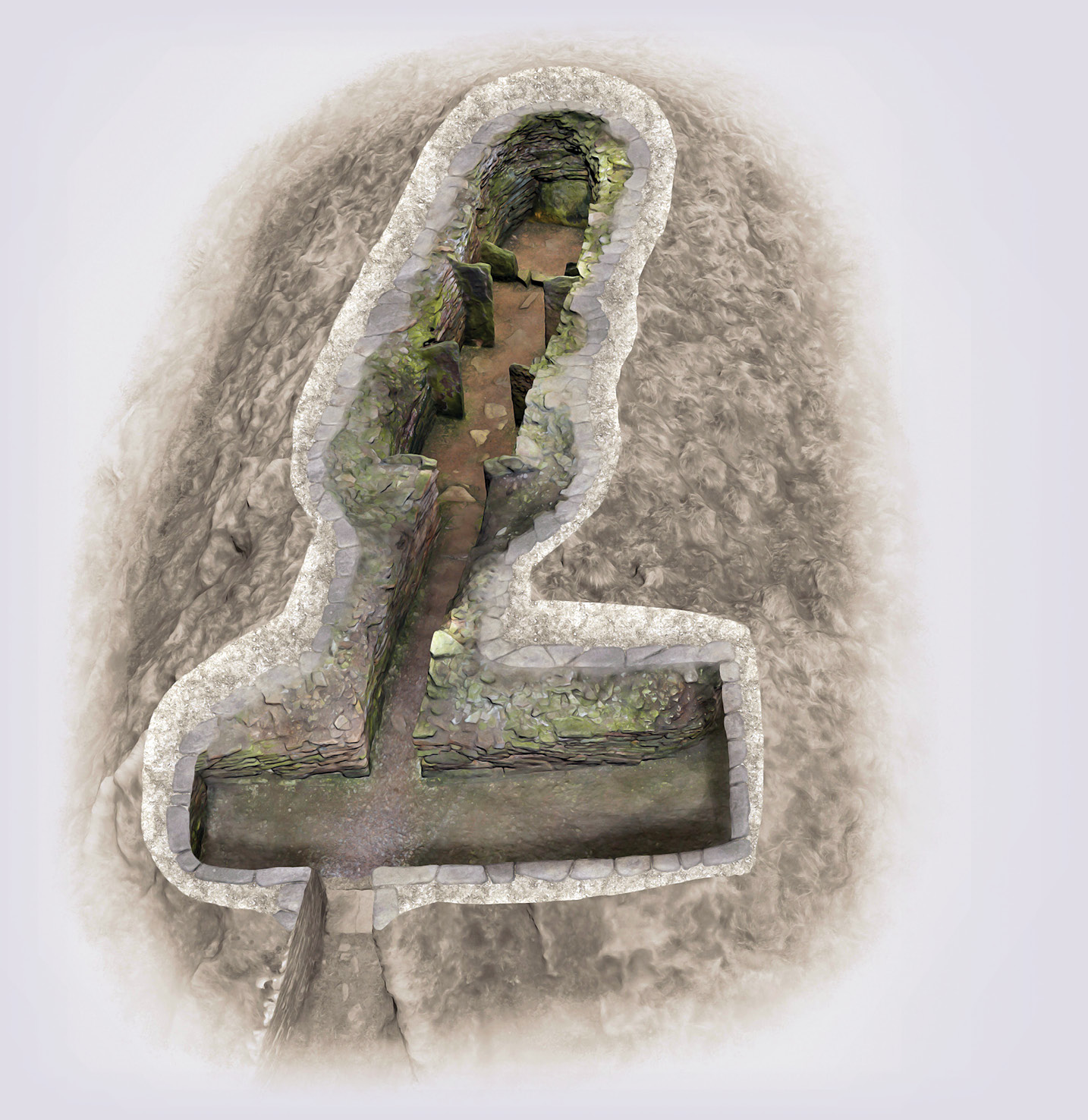 left A digital image of the Knowe of Yarso, which has been re-worked by Bob Marshall. By removing the concrete dome covering the site, he reveals the stalled cairn beneath.