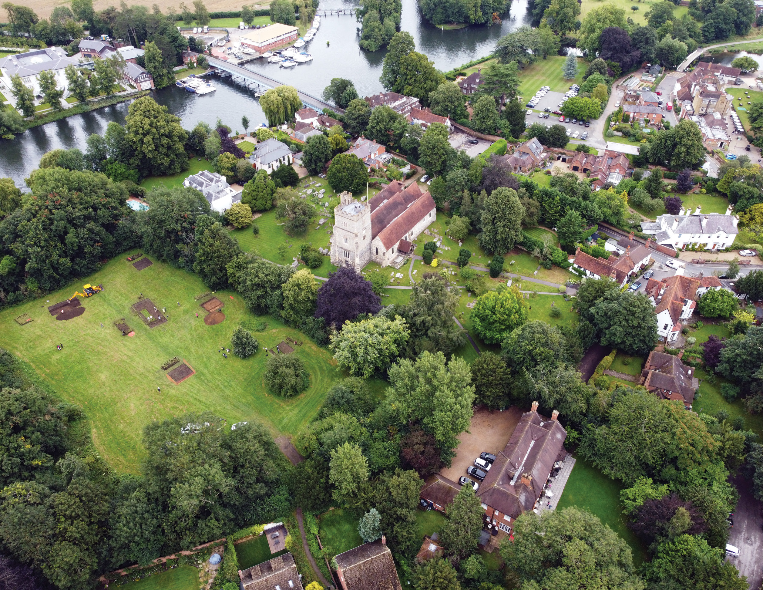 opposite Looking north-east over recent excavations led by the University of Reading in the grounds of Holy Trinity Church, Cookham. Headed by Dr Gabor Thomas as part of the university’s Middle Thames Archaeology Partnership, the project’s findings are helping to illuminate the location of a long-lost Anglo-Saxon monastery, associated with a powerful 8th-century queen.