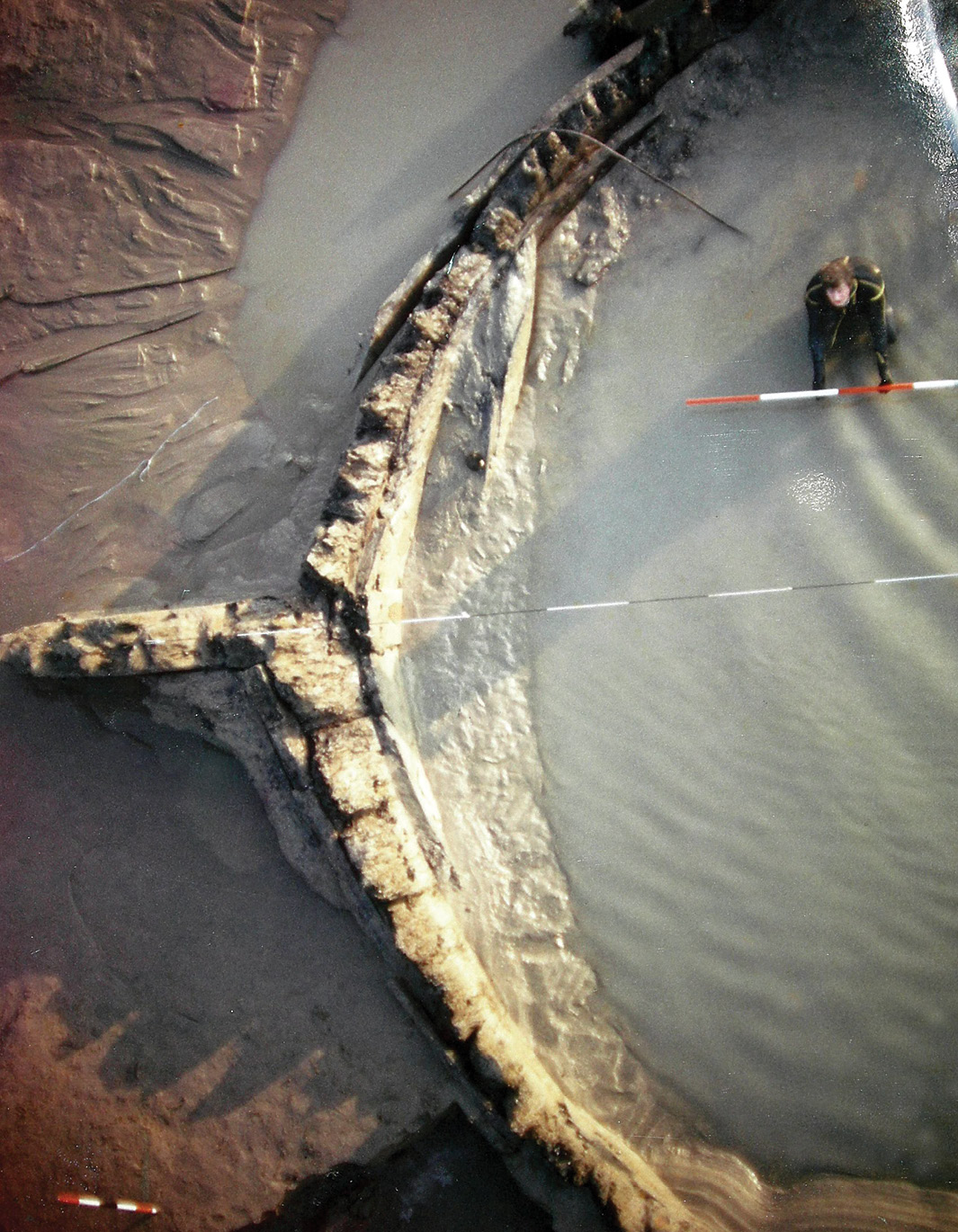 below Surveying the bow of the Amsterdam in 1970.