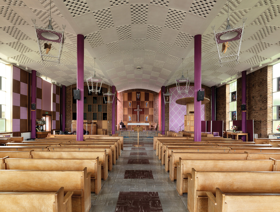 above Inside the nave of Christ Church in Cheylesmore, built in the ‘Festival Style’ between 1956 and 1958.