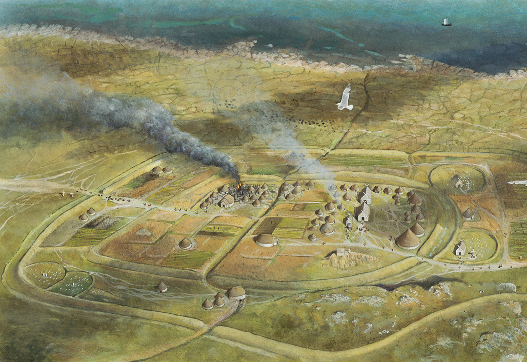 above Recent efforts to draw together previous research culminated in this new reconstruction drawing of Columba’s monastery. Drawn by David Simon, it shows the abbey at its full flowering in c.750. The large roundhouse, excavated in 1979, can be seen near the