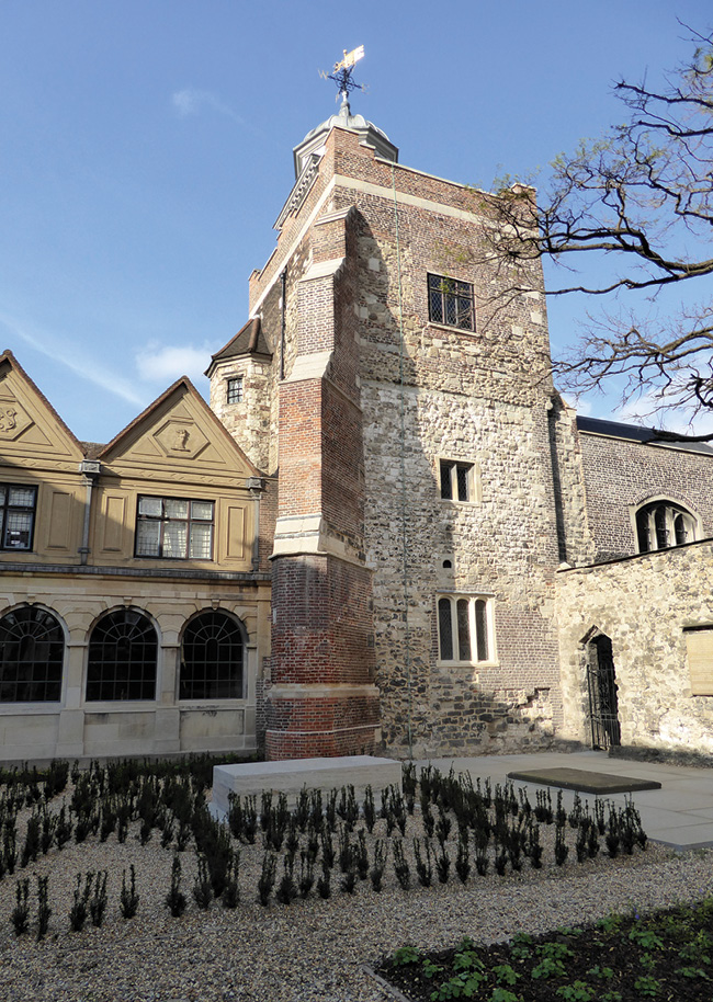 left Just above the bell tower’s lowest windows is a gap called a hagioscope. This pointed to the location of the original chapel’s altar and the founder’s tomb.