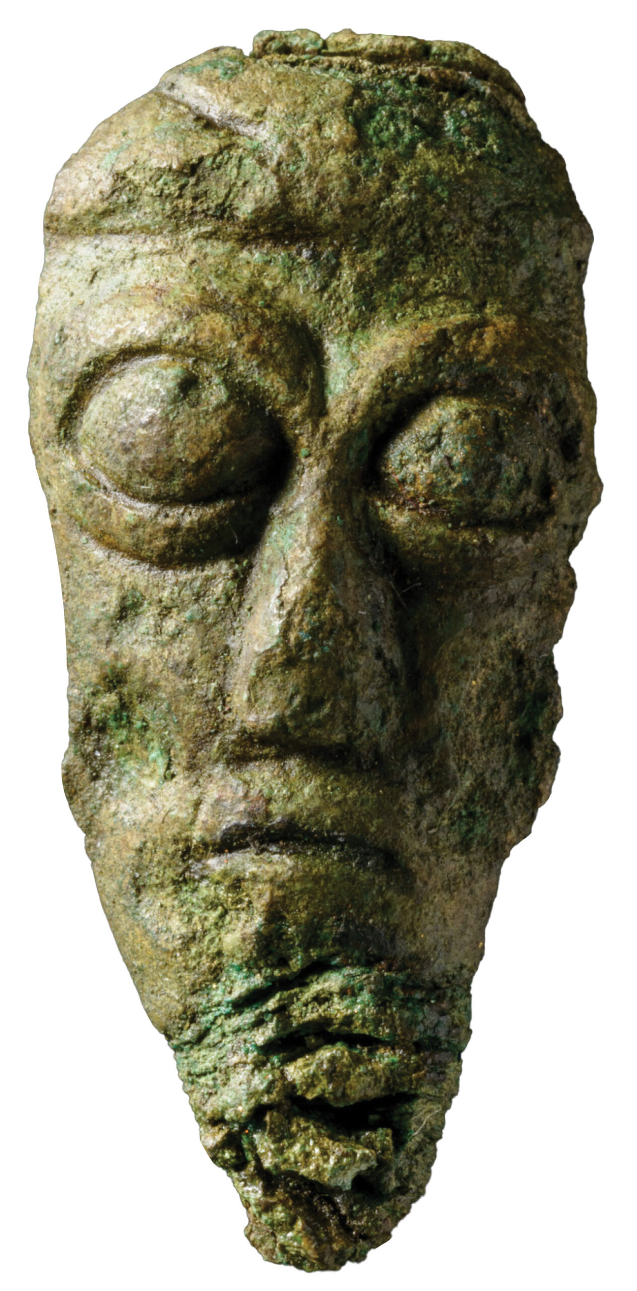 aBOVE Face to face with the past: this bronze head comes from an Irish- style 12th-century reliquary, or possibly a crosier. It was found during Charles Thomas’ excavations on Iona, measures 26mm by 11mm, and weighs 5g.