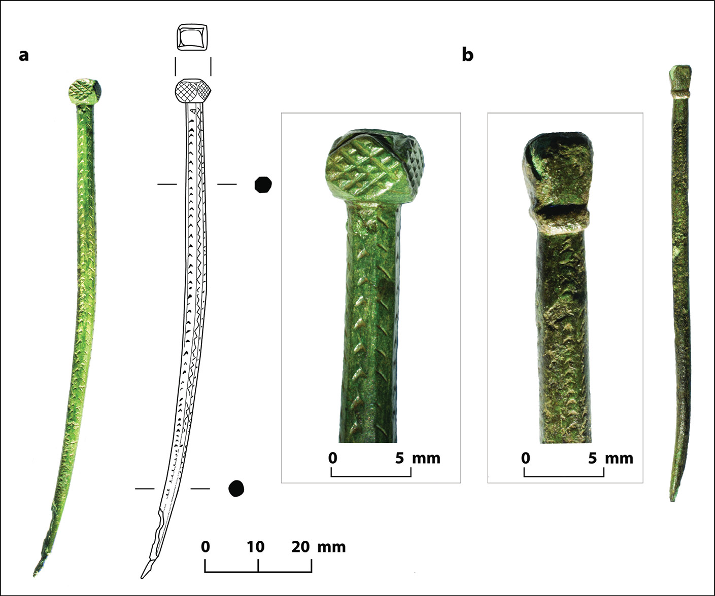 BELOW The strap-end of a decorated Hiberno-Norse copper-alloy belt from the cemetery of St Ronan’s Chapel and Gaelic-Norse bronze dress pins also from Iona.