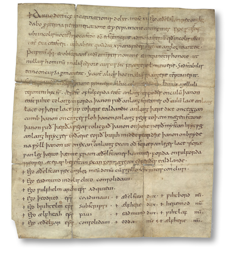 LEFT The medieval canons of Exeter Cathedral produced numerous forged charters in the 1060s, including this one, which claimed that King Æthelstan of England (r. 924-939) had given them land in the Exe valley.