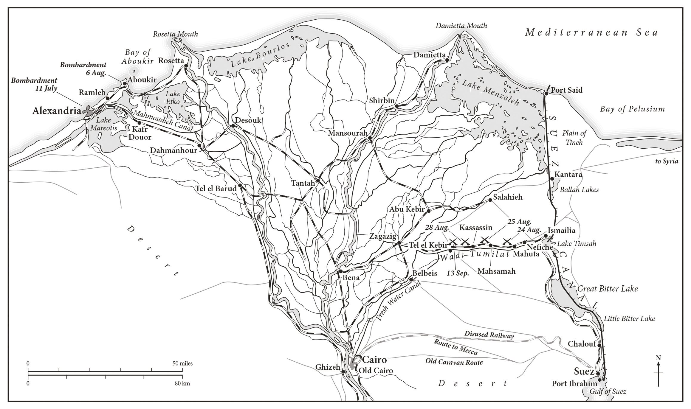 ABOVE Map of the Nile Delta to illustrate the 1882 campaign. The bombardment and landing at Alexandria was turned into a feint. Wolseley chose instead to seize the Suez Canal and advance on Cairo from the east, along the Sweetwater Canal and the Ismailia-Zagazig Railway.