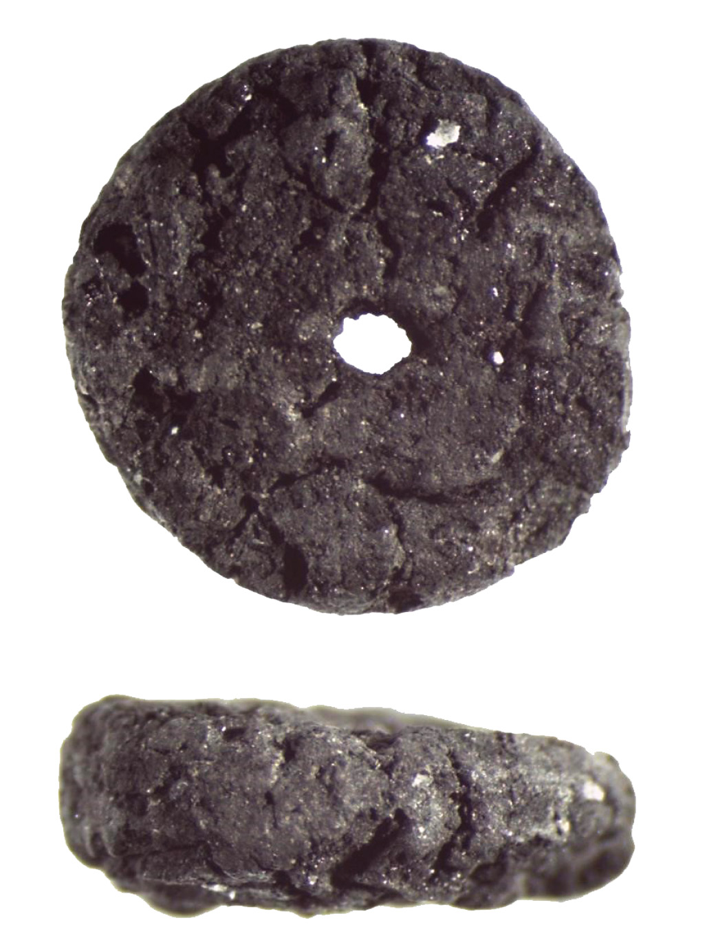 above One of the Beaker-period clay disc beads discovered in the Hollins Cross pit. Beads such as these are usually found accompanying female burials, and together with other evidence from the site they hint at a truncated cremation.