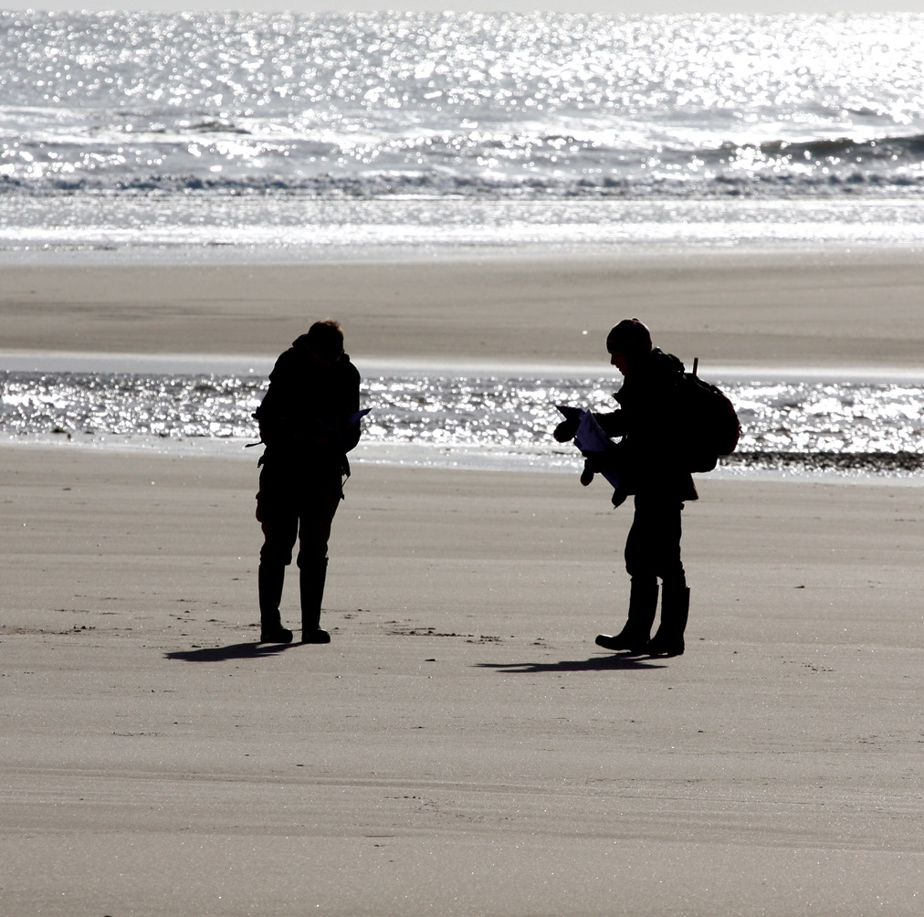 ABOVE Surveyors at work on the beach. Above right Tumbling stones are often the first indication that a buried wall is being destroyed.