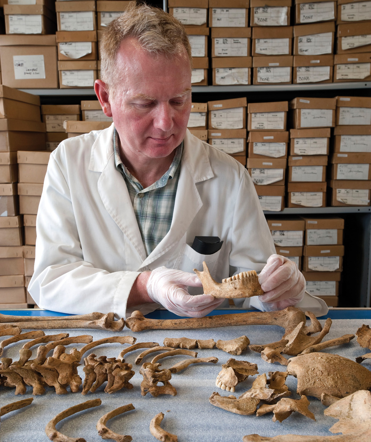 left Don Walker examines a Spitalfields skeleton. Of the 10,516 skeletons excavated, over 5,300 were analysed.