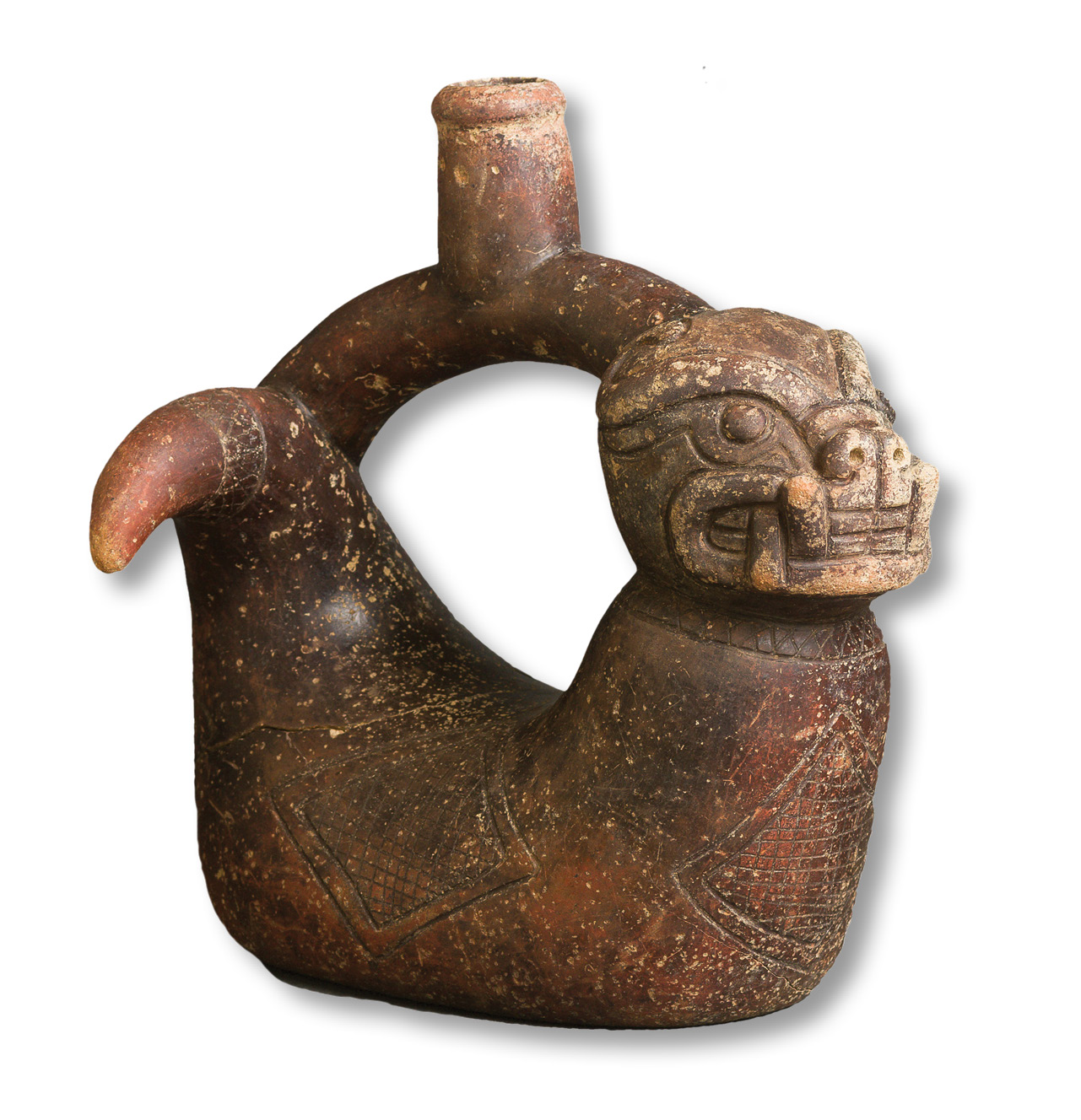 below A gold necklace, one of the oldest examples of worked gold to be found in the Americas. It has 31 beads with figure-of-eight decoration, and a central gold pendant. below left The ceramic vessel in the form of a snake with a jaguar's head that was placed on the body of one of the two ‘priests' in the 7th-/6th-century BC tomb.