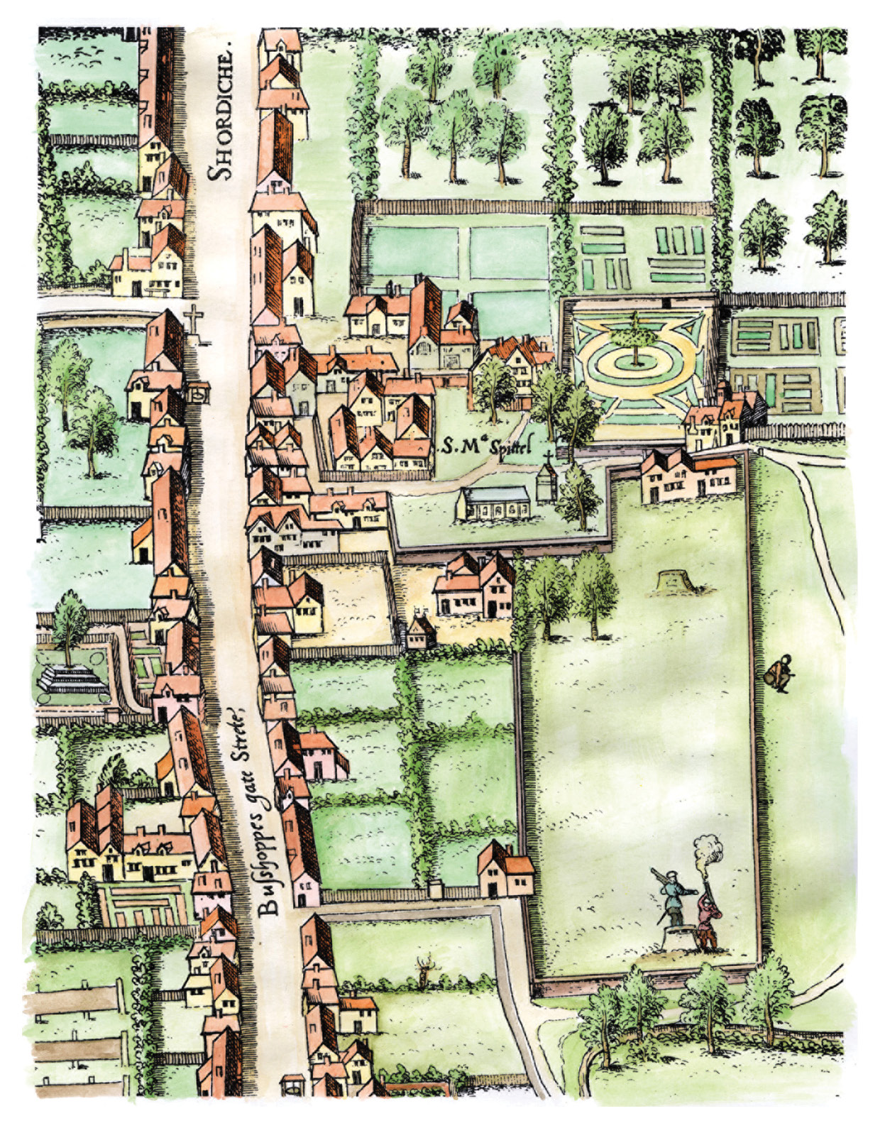 below What happened next. This detail from a 1559 copperplate map shows the Bishopsgate area following the 1539 closure of St Mary Spital. Its former precinct is still visible in the centre, while, on the right, the cemetery has found a new role as an artillery range.