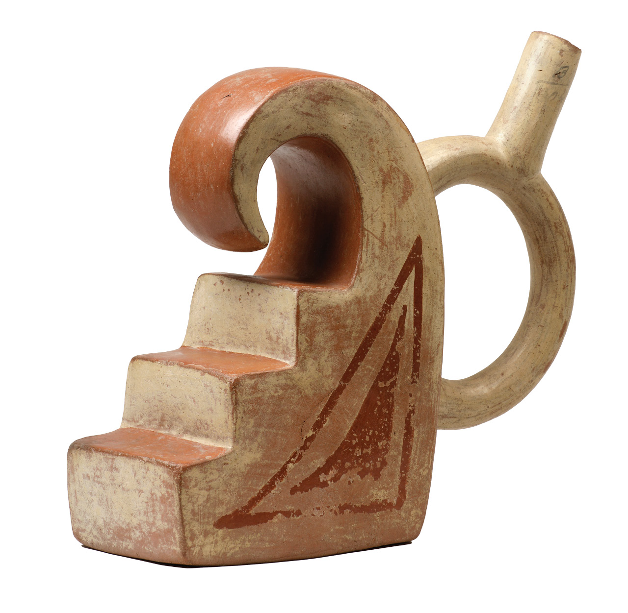 ABOVE RIGHT This Moche vessel combines two motifs often found together in Andean art: a stepped pyramid and a wave. The first represents the Andes, while the second evokes the water that flows down to the sea.