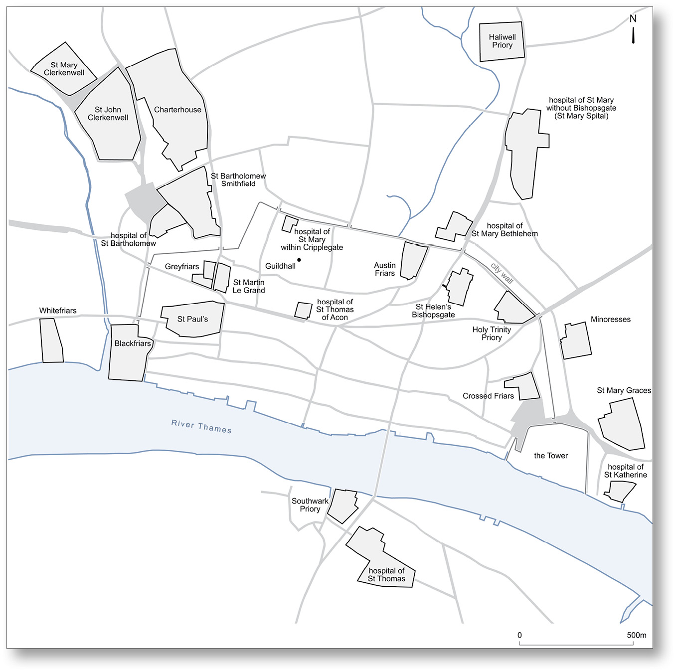 left A plan of Medieval London showing the location of the key religious houses and hospitals. below The location of the Medieval cemetery site, directly west of the 1888 Spitalfields market. More than 10,000 burials were recovered during the MOLA excavations, and it is believed to be the largest excavated cemetery in the world. The spire of Hawksmoor’s Christ Church Spitalfields is visible beyond the market.