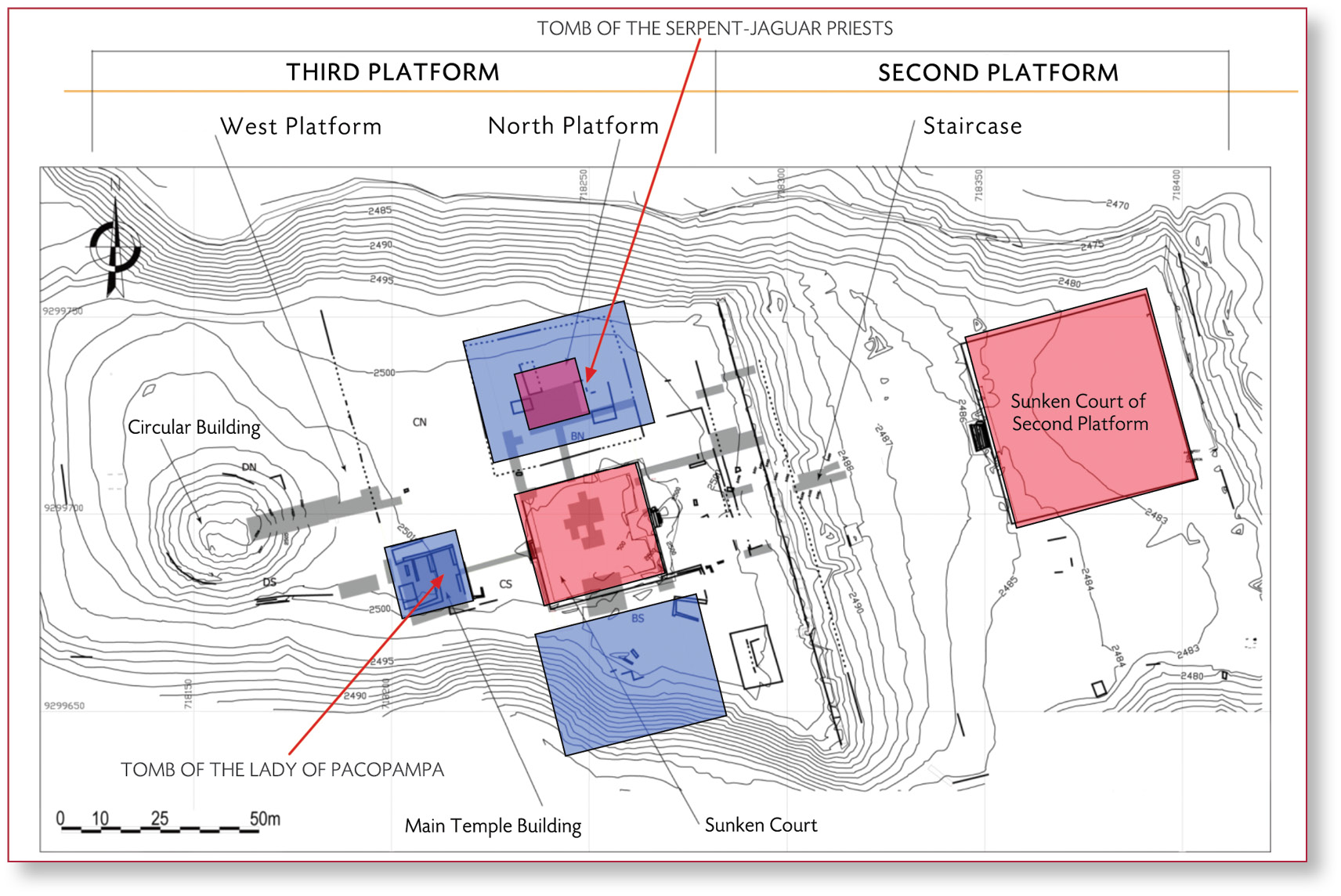 above The square Sunken Court on the Third Platform. left Site plan of the ceremonial centre at Pacopampa, and (below) its location within the settlement.