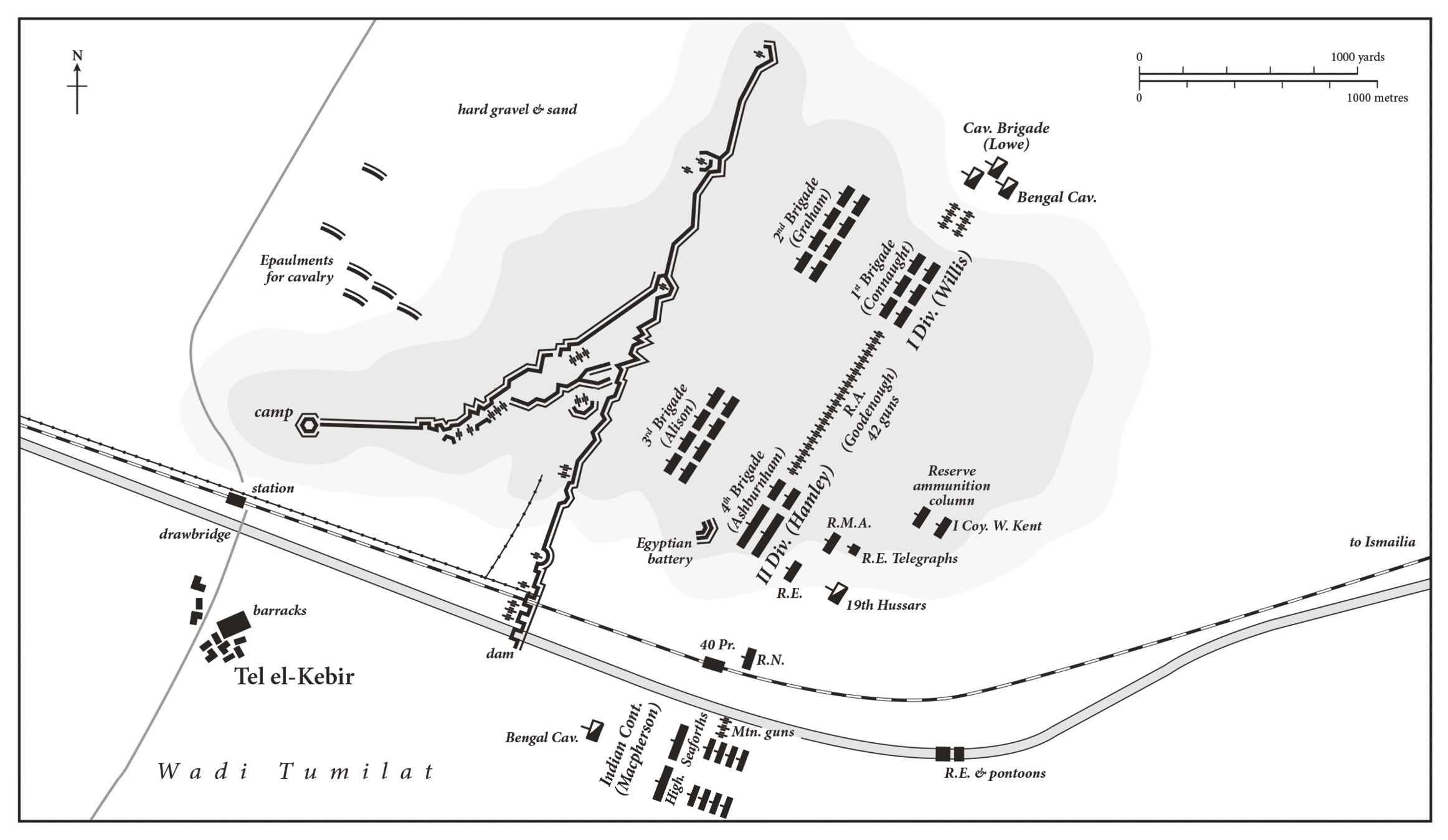 BELOW The Battle of Tel el-Kebir, 13 September 1882, showing the British formation advancing to the assault.