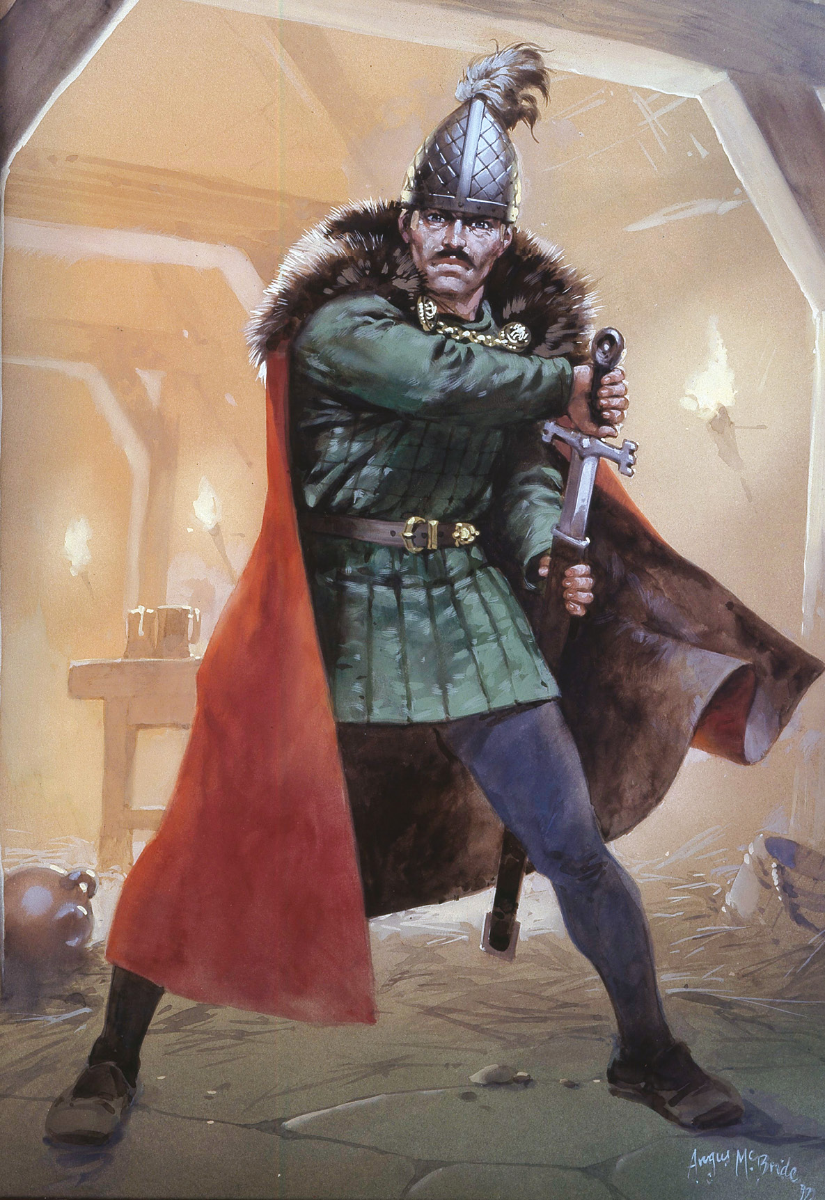 LEFT Typically attired Irish chieftain of the late 16th century. He wears a tufted mantle with a fringe of rough wool; his iron helmet is of the cathbharr type worn throughout Irish medieval warfare.