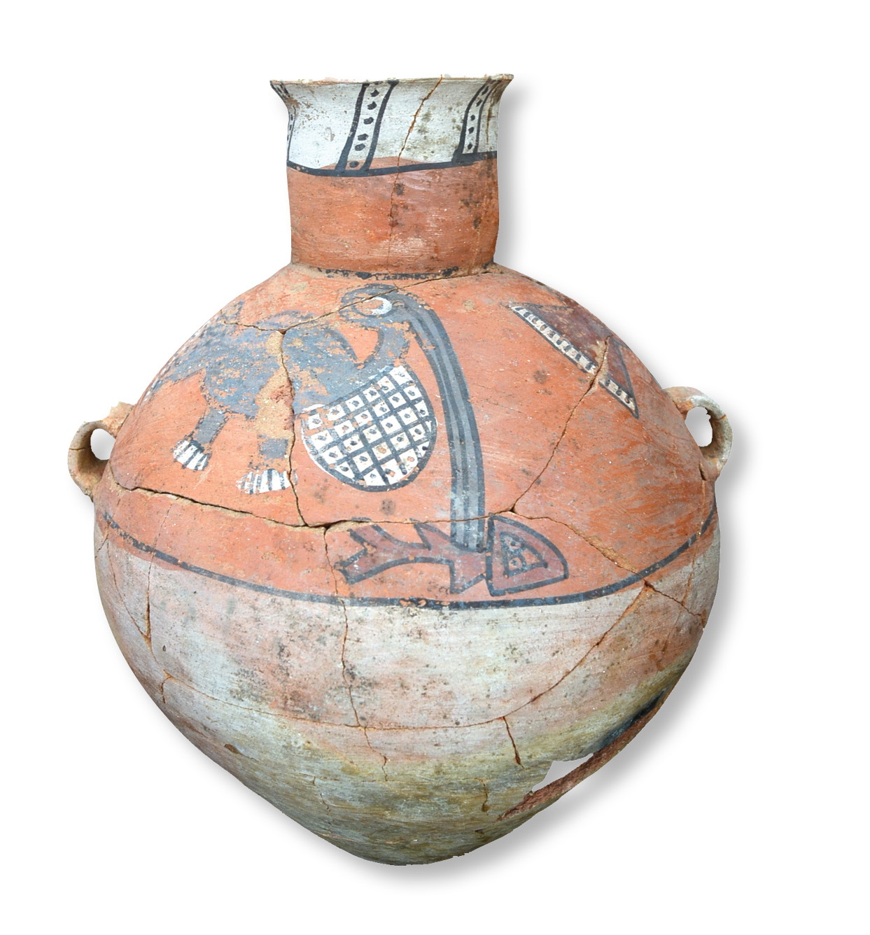 right This beautiful early Ychsma-style urn, discovered in the large funerary chamber, is decorated with a pelican capturing a fish motif. Interestingly, the characteristic pocket under the beak of the bird is represented as a fishing net.