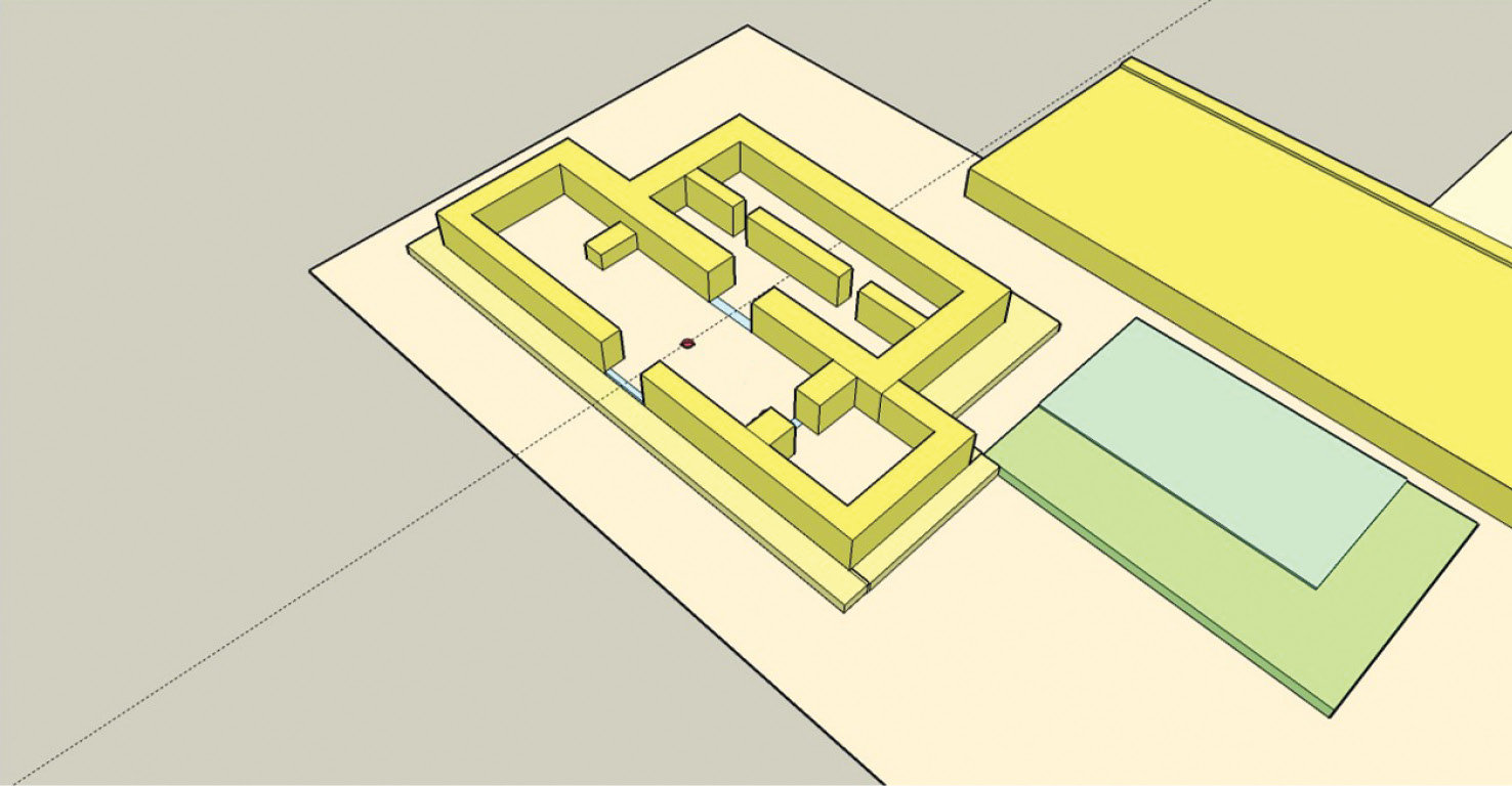 left Drawing showing the location of the Lady of Pacopampa's burial in the forecourt of the Main Temple Building, which lies to the west of the Sunken Court on the Third Platform.