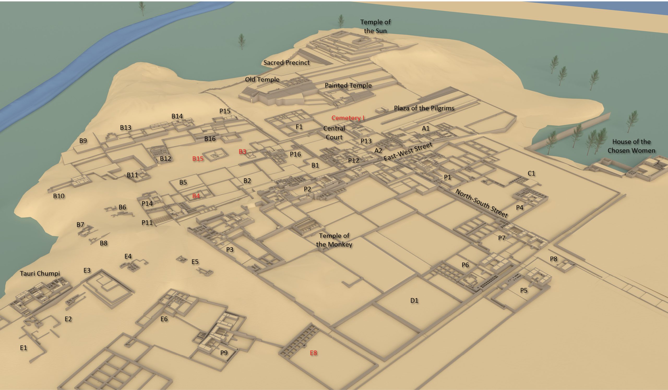 above A 3D numbered model of the First and Second Precincts at Pachacamac. The buildings and excavated areas described in the text are marked red.