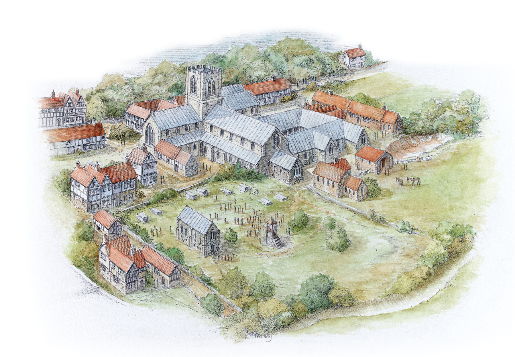 TOP A reconstruction of the hospital and priory buildings at St Mary Spital c.1500. Founded around 1197 by wealthy London merchants, it was reputed to be the largest hospital in London by the time of its closure in 1539. The cemetery is visible as an open grassed area with the chapel within it. A panorama of the city drawn in 1544 (above) shows St Mary Spital at the top right, dominating the surrounding buildings.