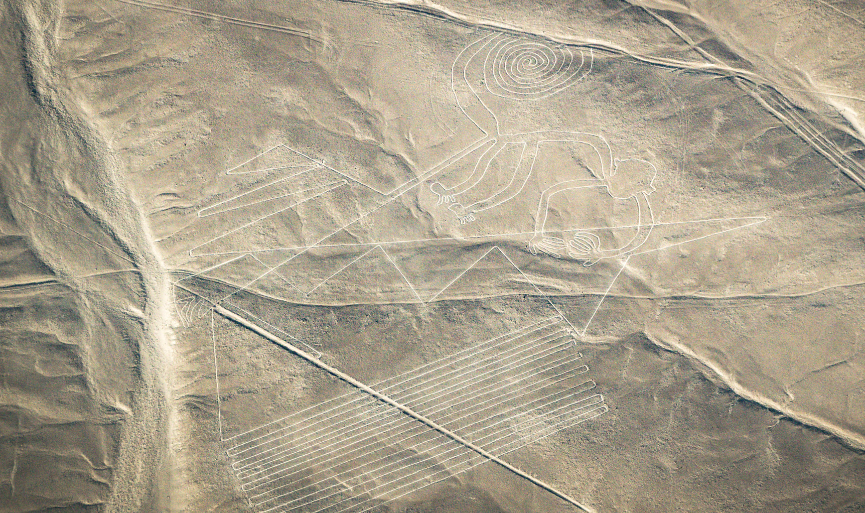 ABOVE The Nasca used an area of plain known as the pampas as a sacred landscape. Archaeological evidence suggests that people would congregate here for processions or dancing, with designs like the monkey perhaps intended for people to walk through.