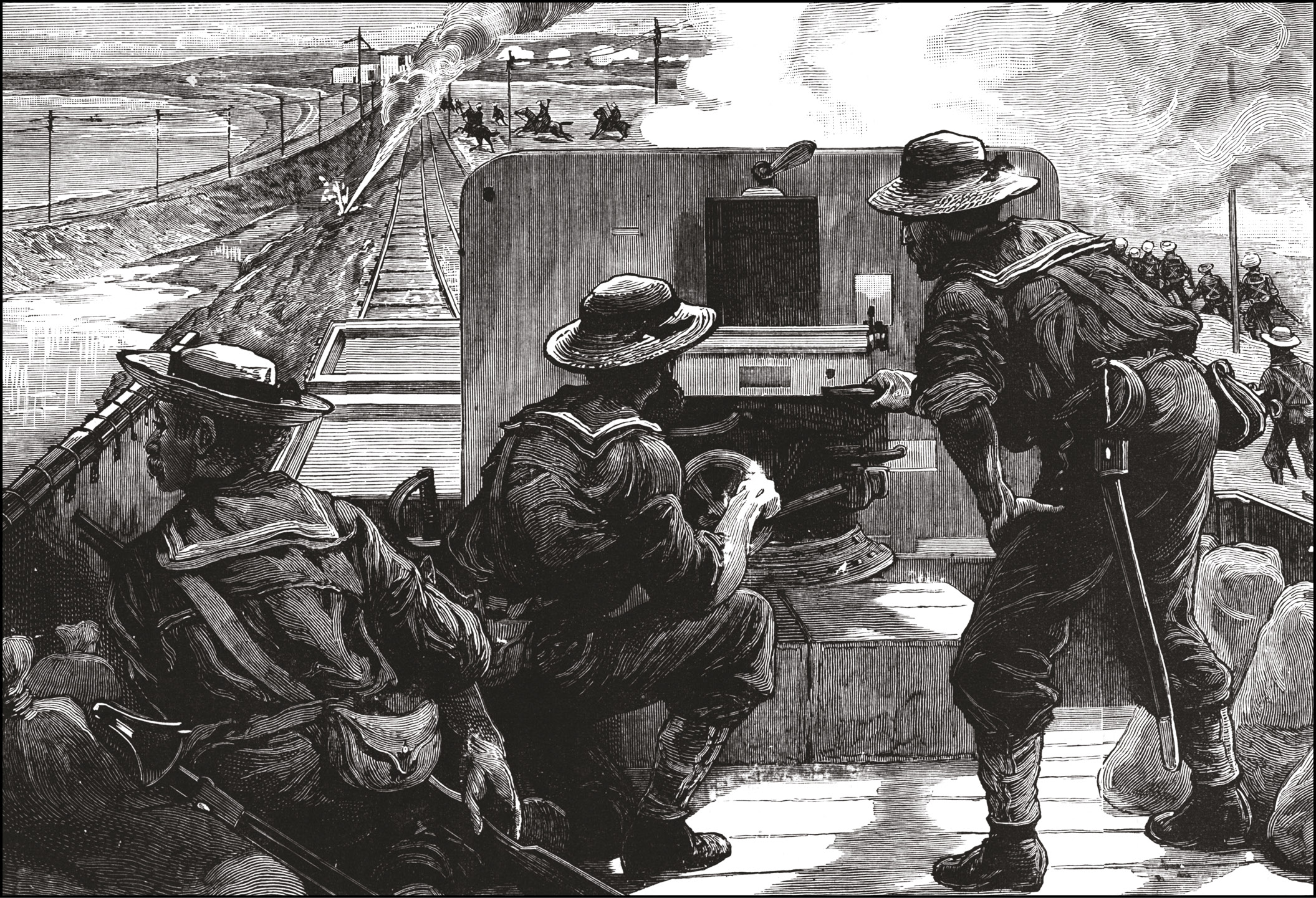BELOW The British way of war involved the use of maritime supremacy to project expeditionary forces of highly professional soldiers equipped with modern weaponry to where they were needed. Wolseley’s 1882 campaign was a classic example. Here, Royal Navy bluejackets man a Nordenfelt machine-gun mounted on an armoured train.