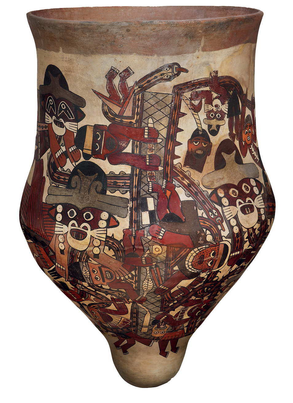 BELOW This ceremonial Nasca drum, 115cm high and dating from 100 BC-AD 650, is a reminder that sound would have been a feature of their ceremonies, too. This example shows both ancestral beings wearing feline mouth masks and defeated enemies who were captured in ritual combat.