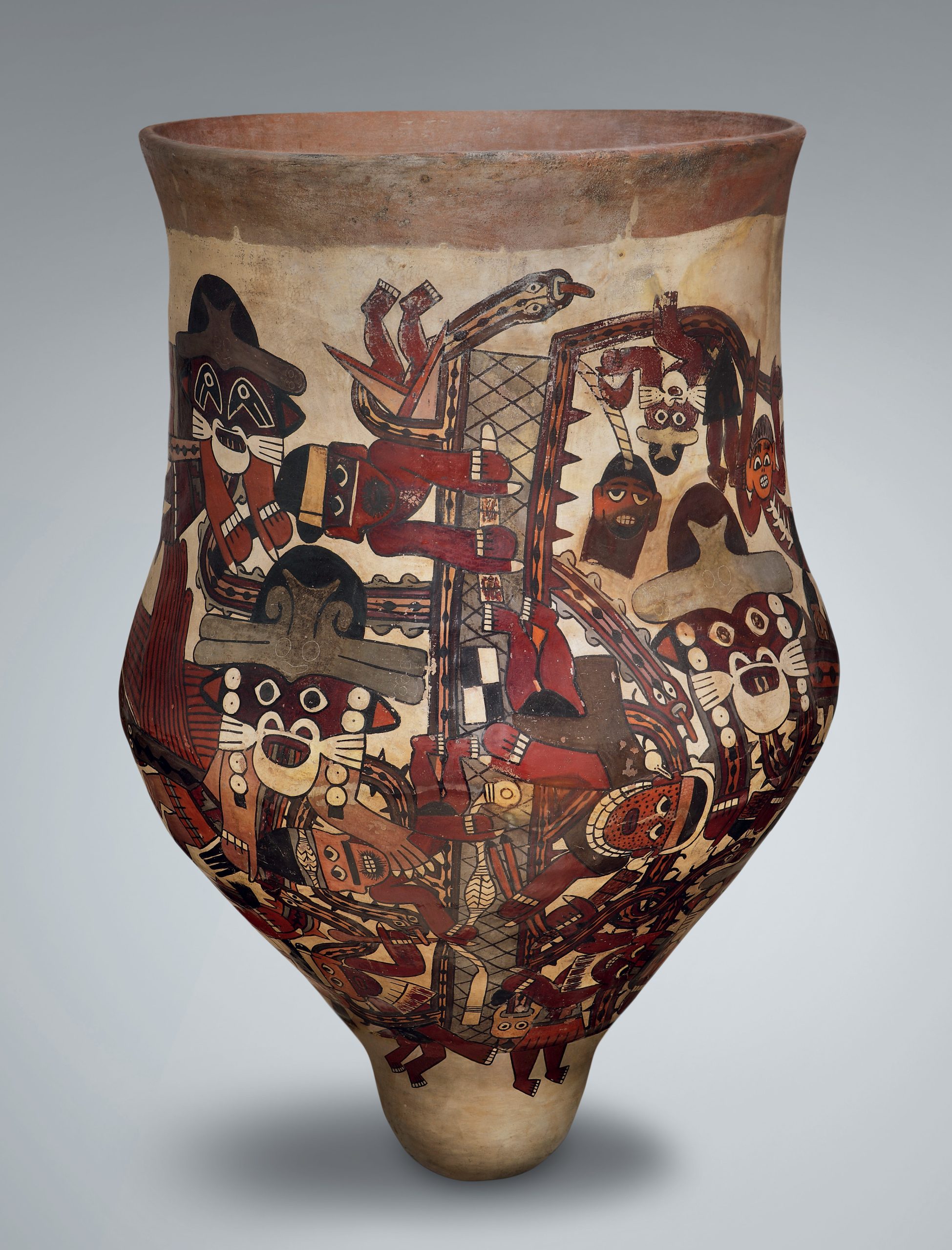 Above Ceremonial drum depicting a mythical scene. Pottery; Nasca, 100 BC-AD 650. Size: 115cm x 78cm x 78cm