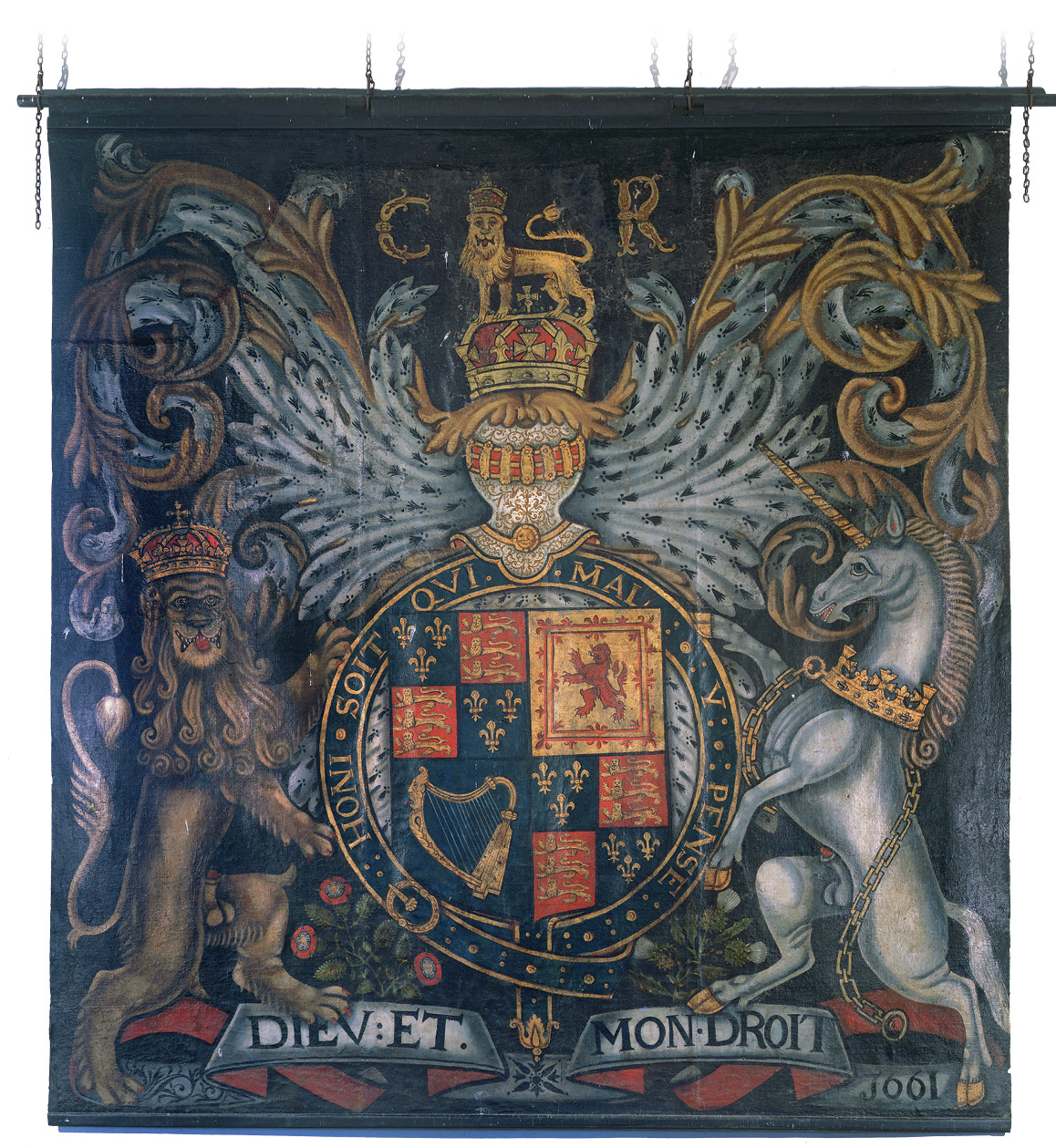 right The Royal Arms of Charles II, dated 1661 and painted in oil on canvas at St Saeran’s church Llanynys, Denbighshire. The ‘priapic’ lion and unicorn supporters are typical of early Royal Arms; later versions are more reticent and omit genitalia.