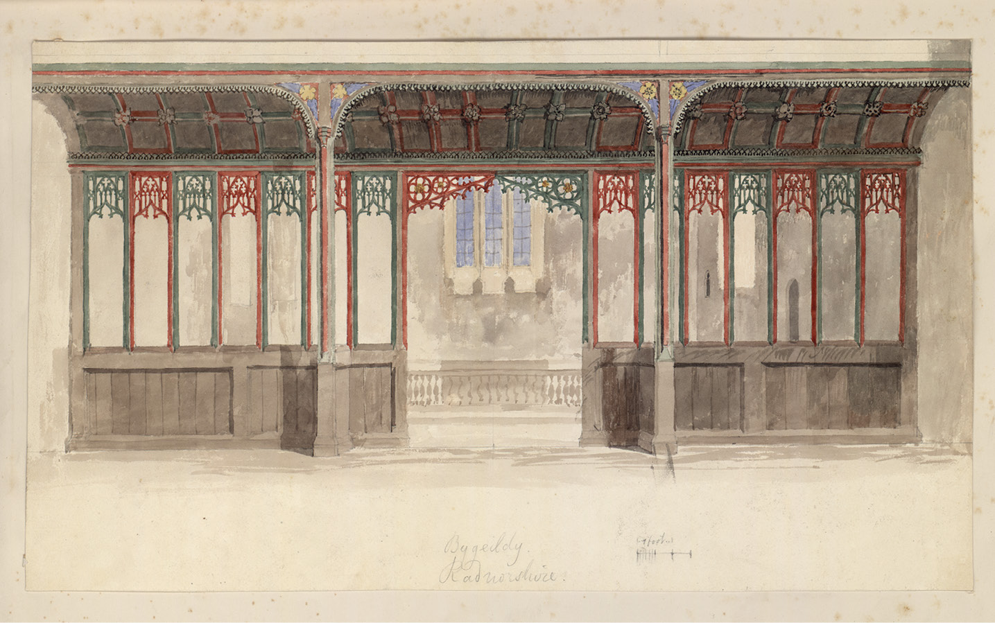 below During his 1830 tour of Radnorshire, the Reverend John Parker made accurate records of many screens that have since been lost. His drawing of St Michael’s church, Bugeildy, shows the original counter-changing colour scheme of red and green paint. He used this to challenge the vehement anti-colourists of the day who preferred bare oak to ancient colouring.
