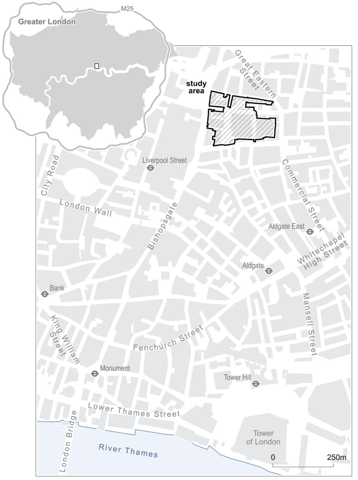 below The location of the Spitalfields Market site, superimposed on the modern, Ordnance Survey, street plan.