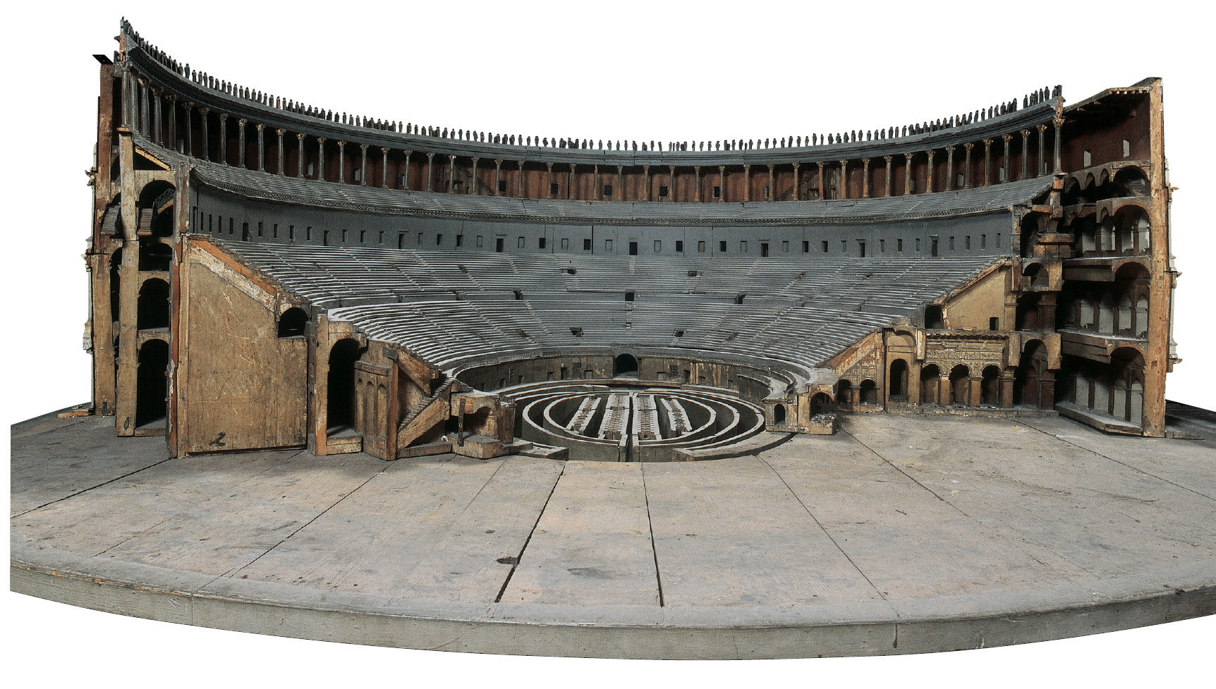 4. Micro-mosaic enamelled casket with view of the Colosseum, first half of the 19th century, Roman workshop. Photograph: Vatican Museums, Vatican City. 5. The interior of the Colosseum, 1857, by Ippolito Caffi, oil on paper on canvas. 33.5cm x 47.5cm. Museo di Roma, Rome. 6. Model of the Flavian Amphitheatre, 1790 1812, by Carlo Lucangeli and Paul Dalbono, wood. H. 82.5cm. x D. 18cm. Photograph: Special Superintendency for the Colosseum and the archaeological centre of Rome.