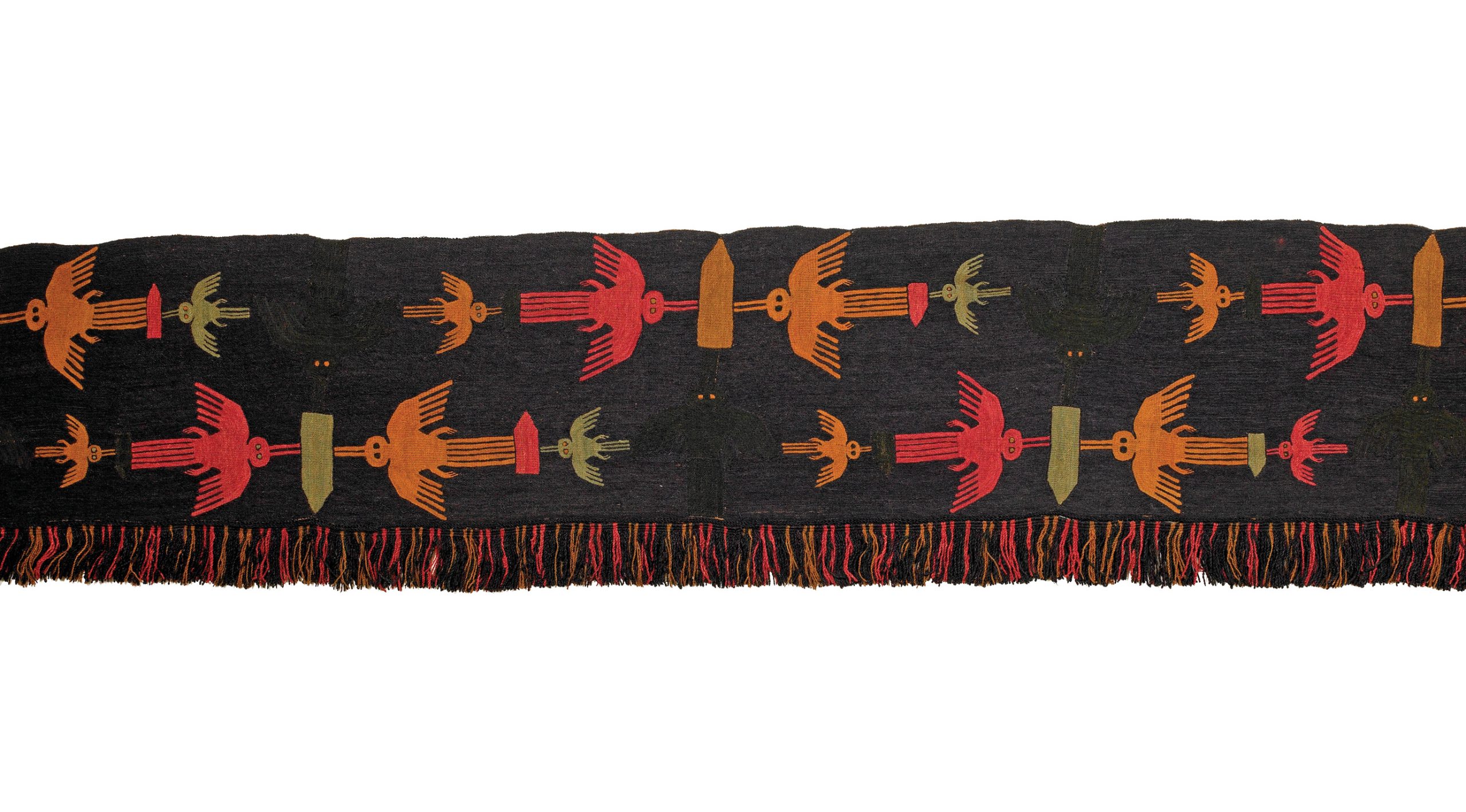 above Tasselled textile fragment with embroidered hummingbirds. Cotton and camelid fibres; early Nasca, 100 BC-AD 200. Size: 25cm x 229cm below right Vessel in the form of a contortionist. Pottery; Cupisnique, 1200-500 BC. Size: 37cm x 14.3cm x 20.7cm