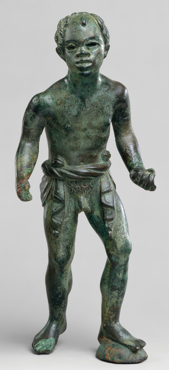 left Roman artists borrowed artistic imagery depicting black African individuals from Greek culture. This Hellenistic bronze figurine of a boy dates to the 3rd-2nd century BC.