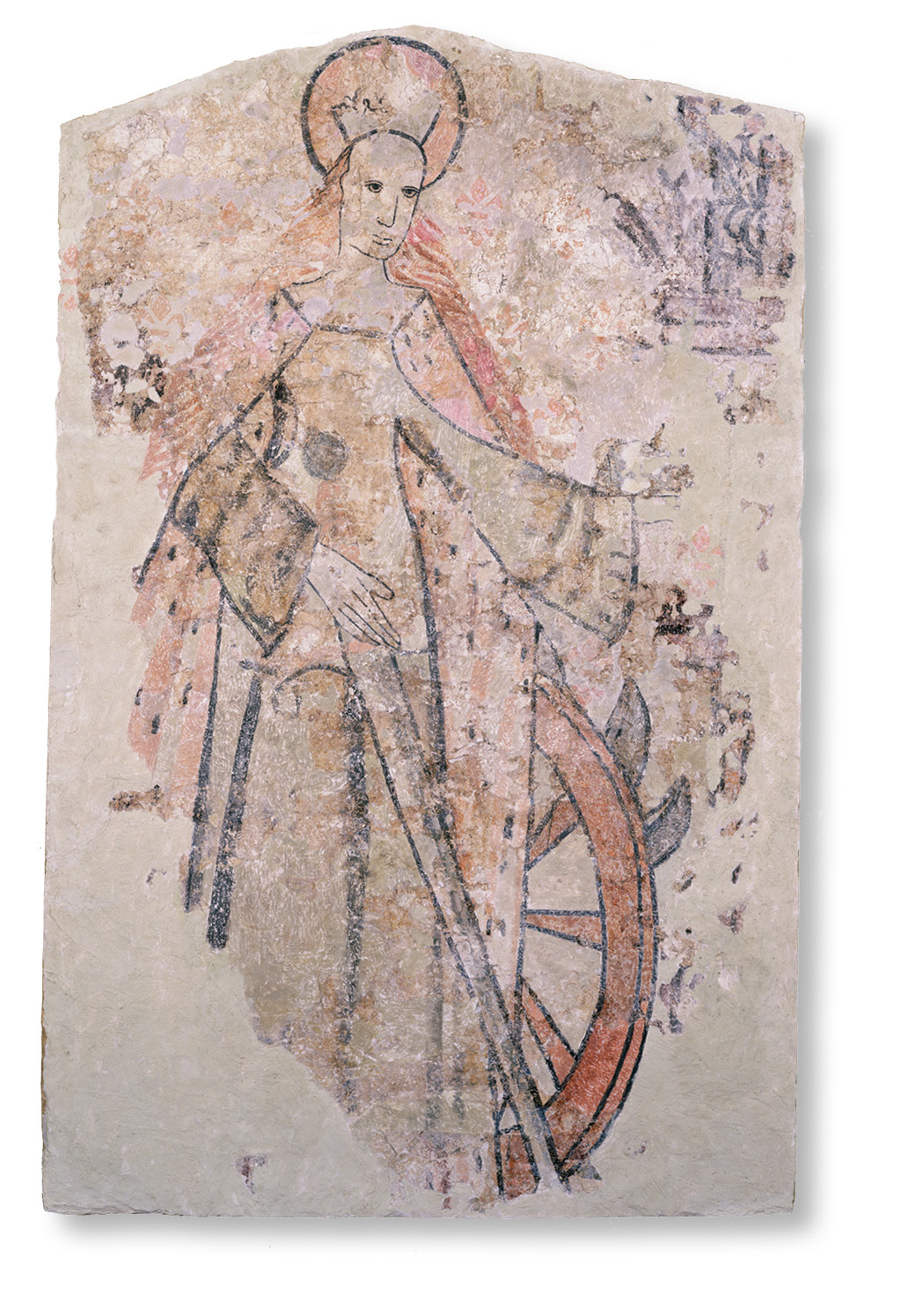left & above Two wall paintings from St Teilo’s church. Left: St Catharine holding the instruments of her martyrdom, the spiked wheel that miraculously shattered without harming her and the sword with which she was beheaded. Above: the Mocking of Christ. With his almond eyes and long-suffering expression, Christ calmly accepts his fate, while the spittle flying from the lips of his tormentors resembles the flail with which he was whipped at the pillory.