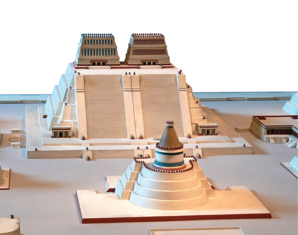 above The exhibition features a model of the Templo Mayor, the heart of Tenochtitlan, and the point from which the conquistadors surveyed the city when they first arrived (left). The temple was destroyed by the Spanish, but its remains have been uncovered through archaeological excavations in the centre of modern-day Mexico City (right).