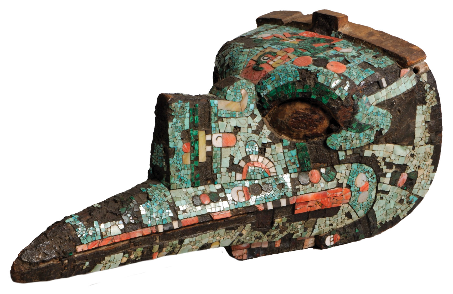 above Objects like this mosaic bird-head mask (left) and gold pendant (right), made of turquoise from Arizona and gold from Peru, are a testament to the Aztec’s extensive trade networks.
