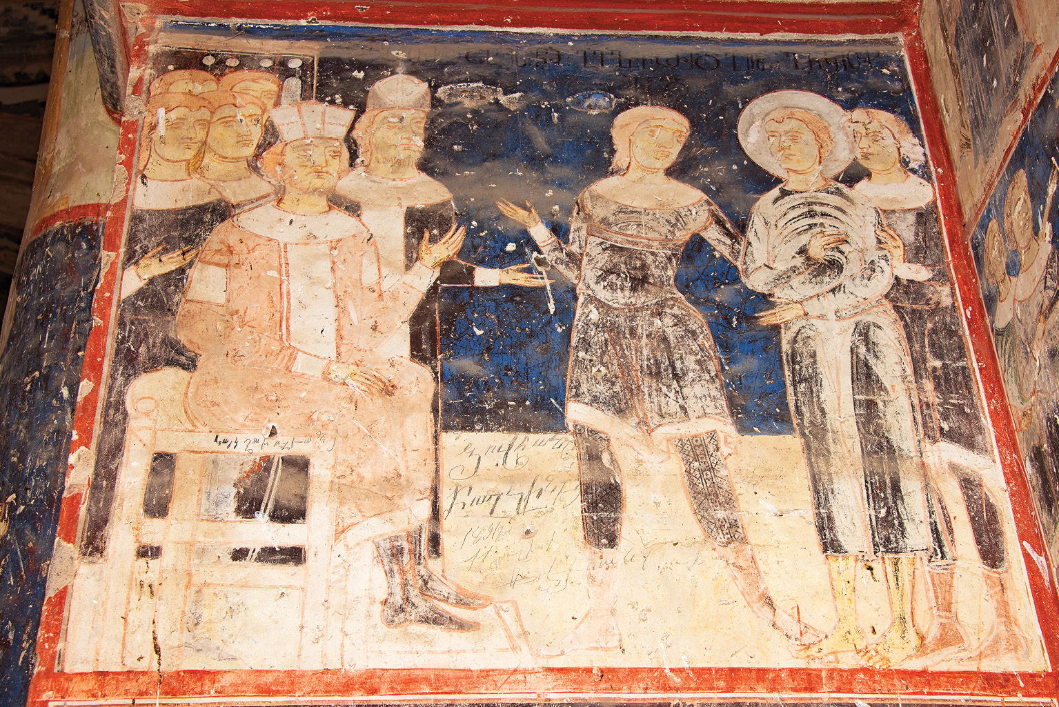 LEFT Murals in the Church of St Gregory, donated around 1215 by the merchant Tigran Honents in Ani, Eastern Anatolia, Turkey. The still-pagan king Trdat IV meets the future Illuminator and asks him to offer a flower sacrifice to the goddess Anahit. The man standing behind the king on the right holds the key to the dungeon in his hand. ALL IMAGES: Christoph Baumer, unless otherwise stated