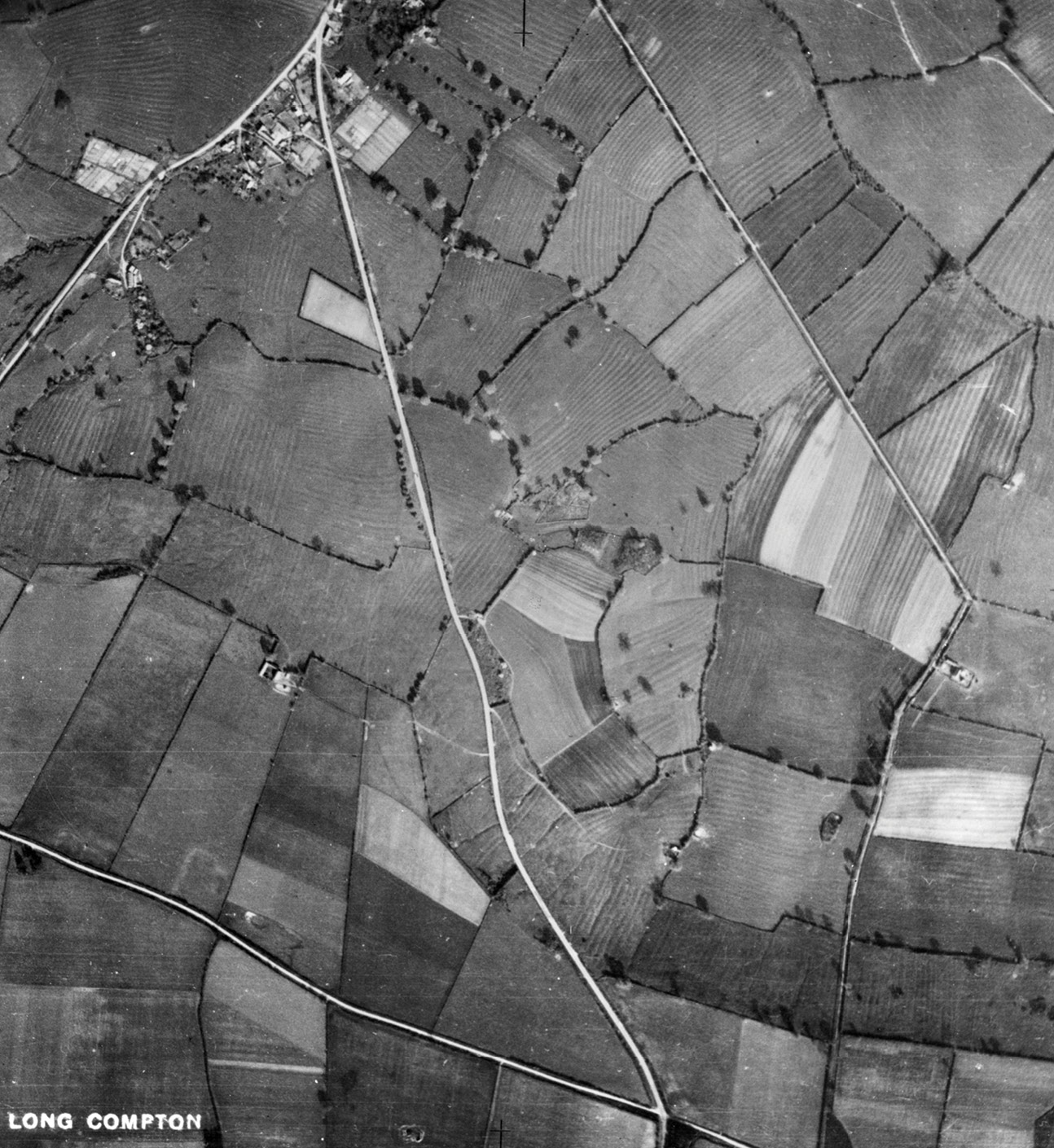 above A splendid mosaic of overlapping photographs of the kind that Crawford regularly featured in Antiquity, along with his interpretation. Photographed on 3 May 1935, this shows the Medieval ridge-and-furrow field systems south of Long Compton, Warwickshire (the village at the top of the picture).