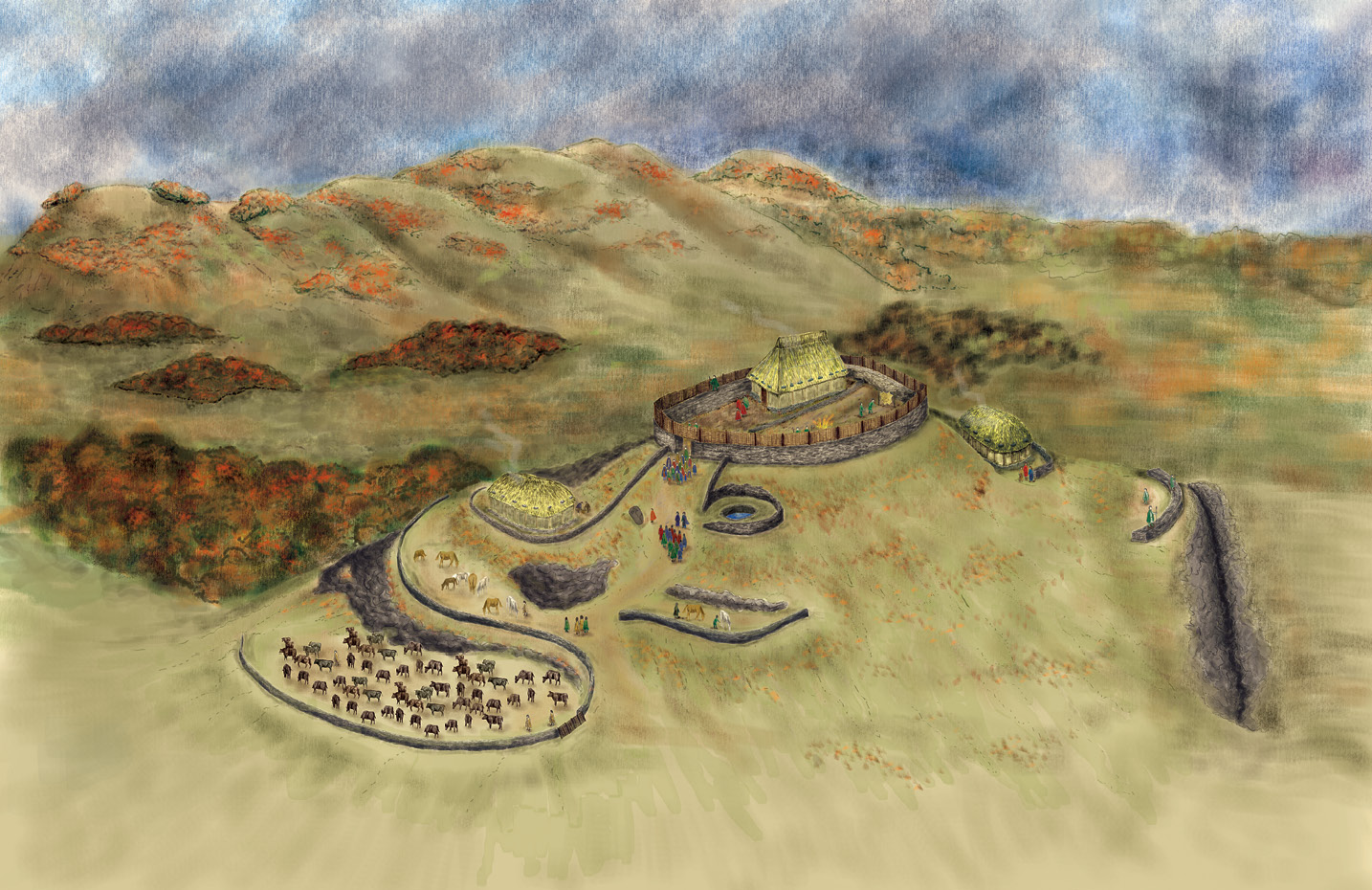 left The nucleated fort of Trusty’s Hill in Galloway. Unlike earlier Iron Age forts, which are normally enclosed by concentric ramparts and ditches, the layout of this early medieval fort comprised a fortified summit accessed via a delineated and often symbolically charged entranceway and with non-concentric outer enclosures along lower-lying terraces of the hill.