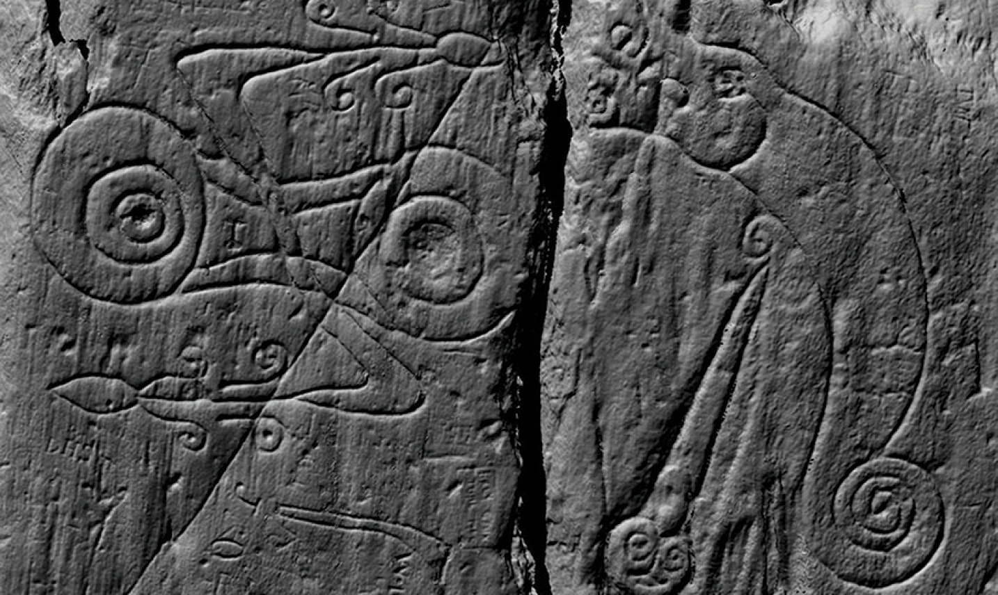 right is an example of Pictish symbols carved into an outcrop of rock at the entranceway to the summit of Trusty’s Hill in Galloway.