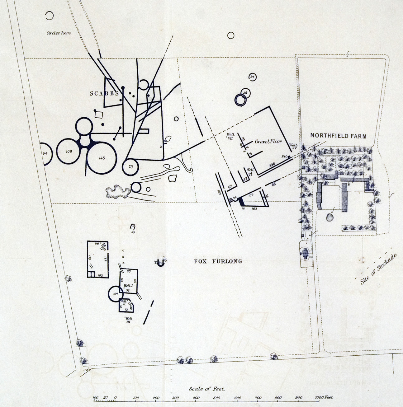 Then and now: Northfield Farm, Berkshire, was a key site for the development of techniques for recording and interpreting crop marks. This plan (left), dating from the 1890s, shows the features visible in crop marks prior to their excavation. The aerial photograph (above) shows the same site on the 14 June 1995.
