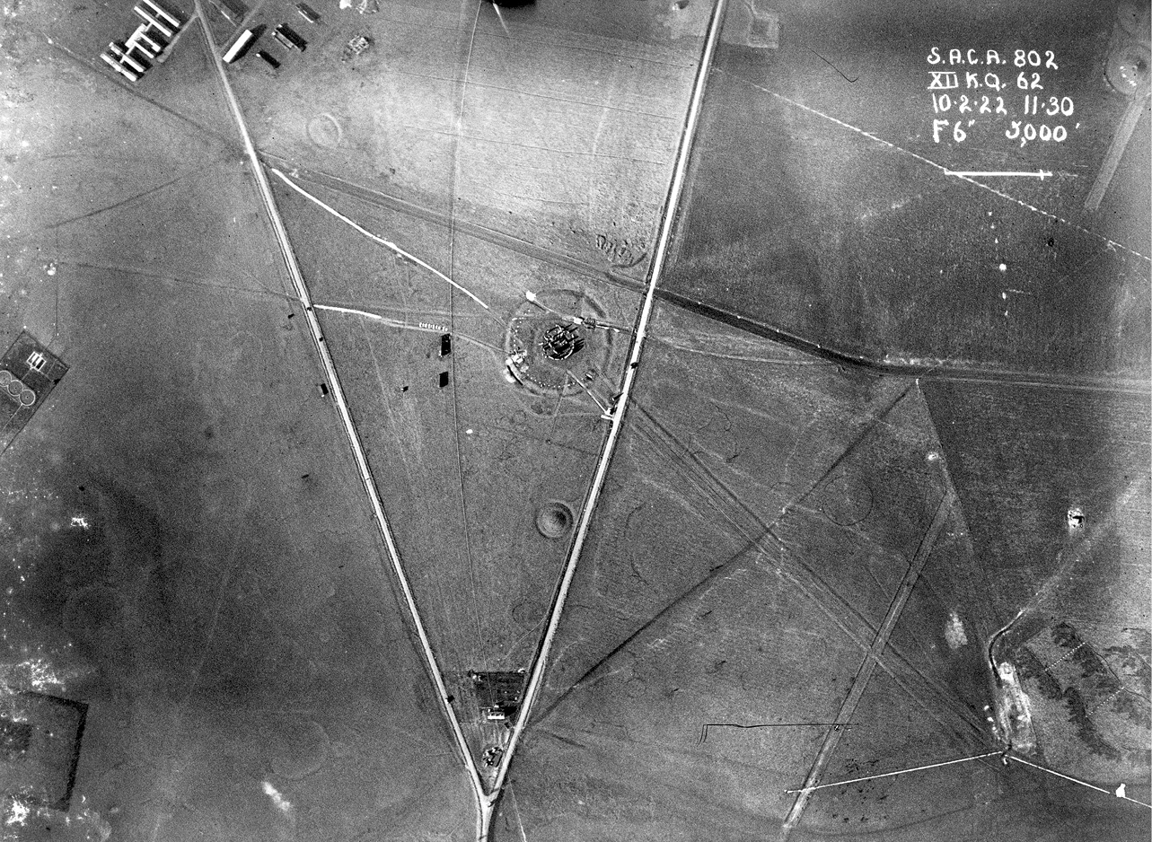 below Lieutenant Sharpe’s first aerial photograph of Stonehenge, probably taken on 18 June 1906. The larch poles used to prop up some of the leaning sarsens, and clear evidence of the henge bank and ditch, are visible. Below left A later photograph, taken on 10 February 1922, shows the extensive excavations led by Colonel William Hawley on behalf of the Society of Antiquaries. Here the shadows cast by the banks of the Avenue by the early morning sun are especially clear.