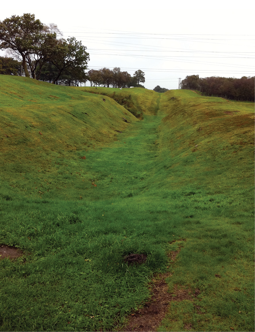 below The remains of the Antonine Wall at Rough Castle, near Falkirk. The footprint of Roman military activity appears to have made no lasting impression on Iron Age culture in Scotland.
