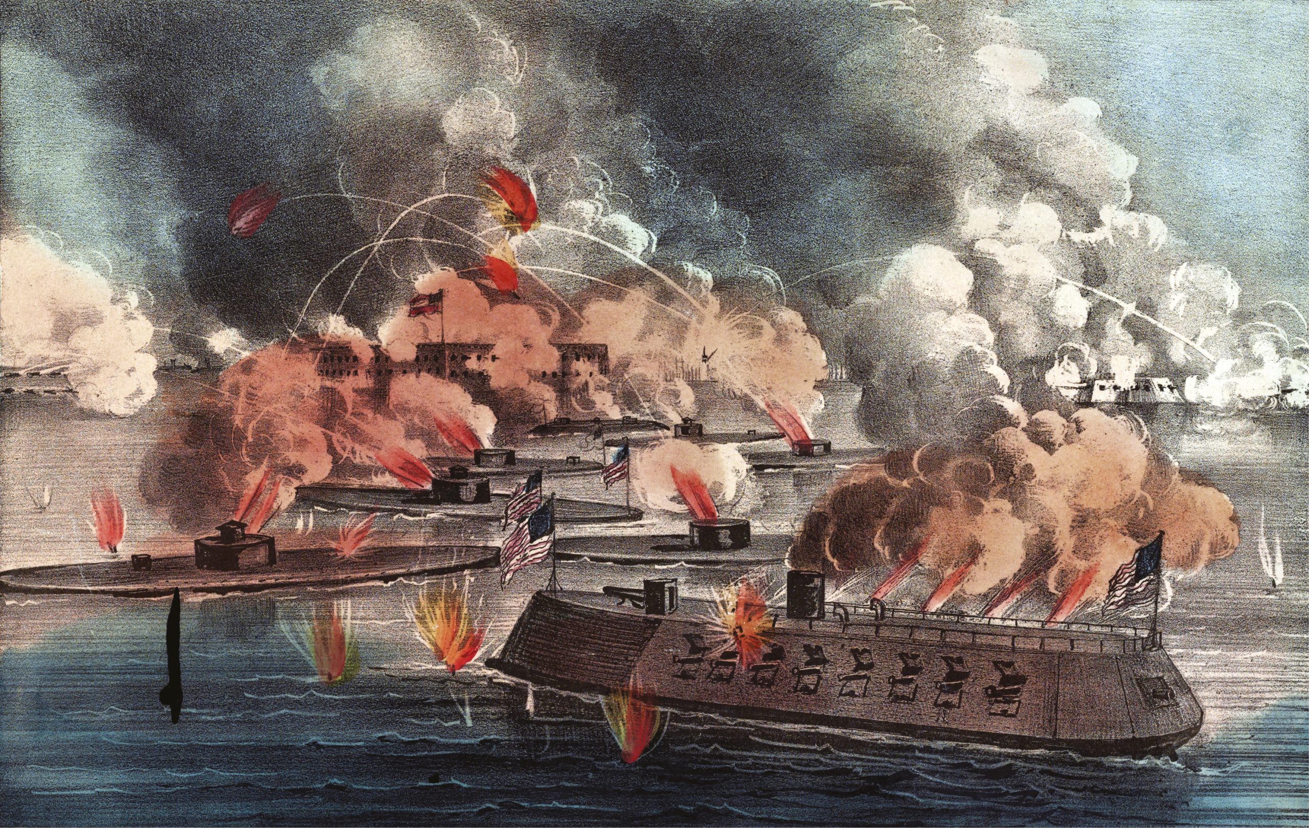 RIGHT A contemporary artist’s reconstruction of the bombardment of Fort Sumter by Union ironclads on 7 April 1863. Image: WikiCommons