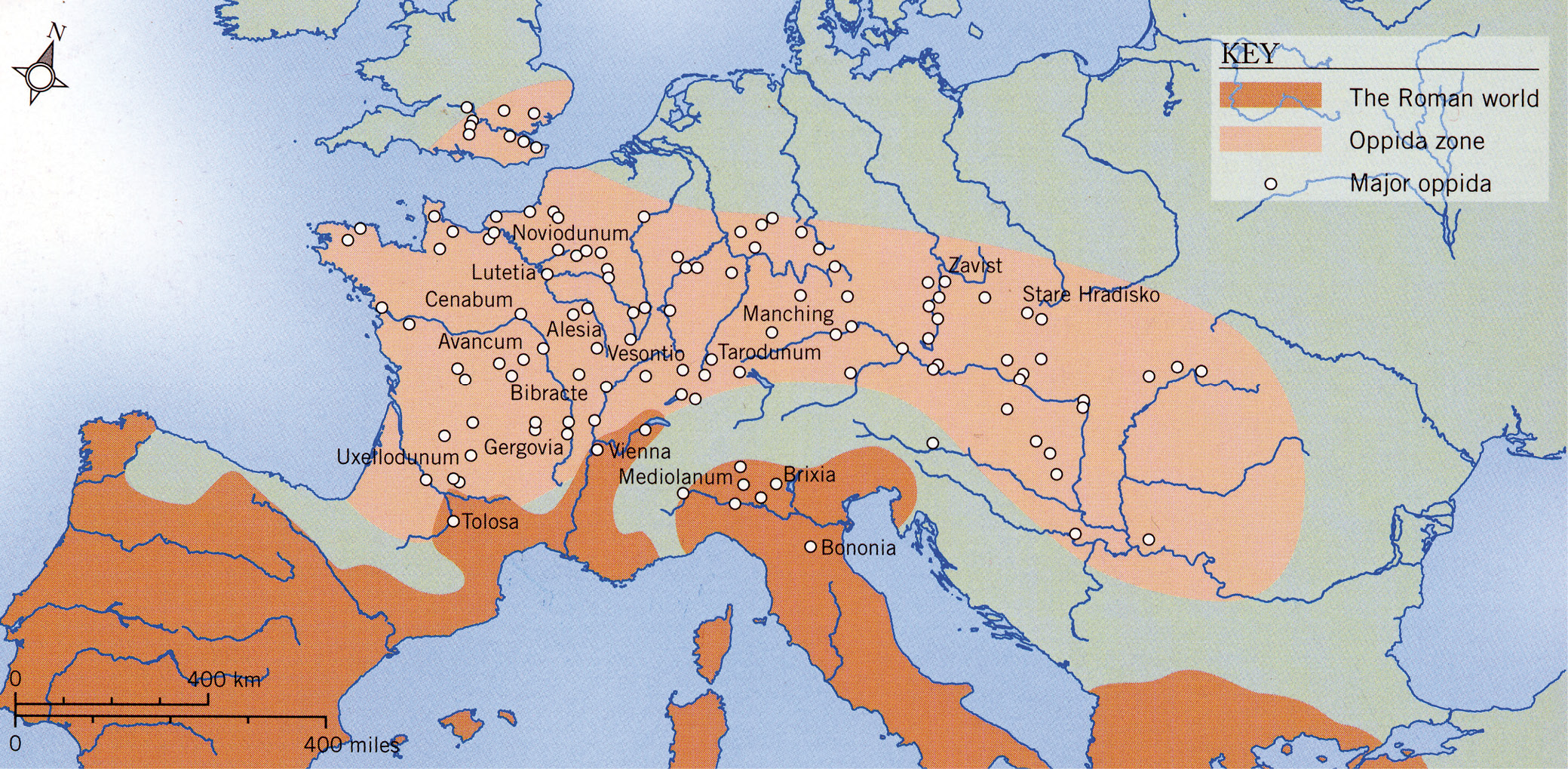 Below By the late 2nd century BC, Rome was the dominant power in the Mediterrean. To the north was a vast swathe of ‘barbarian’ Europe characterised by proto-towns known as oppida. These were the political centres of minor tribal states based on rich settled agriculture with an appetite for the luxury goods traded by Roman merchants and rich hauls of booty to lure Roman militarists.