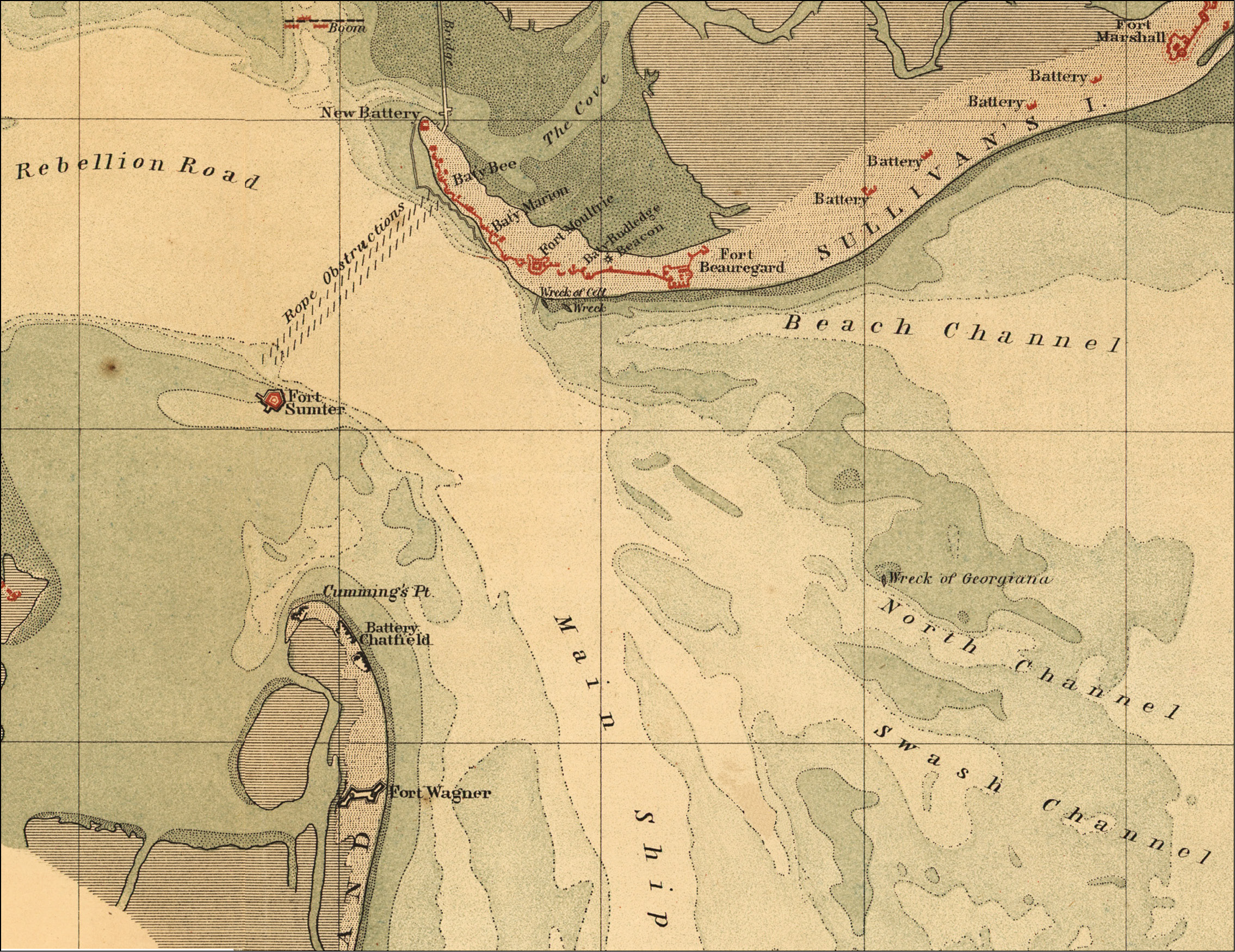 BELOW Part of an 1865 map showing the defences of Charleston Harbor. Image: local municipal archive