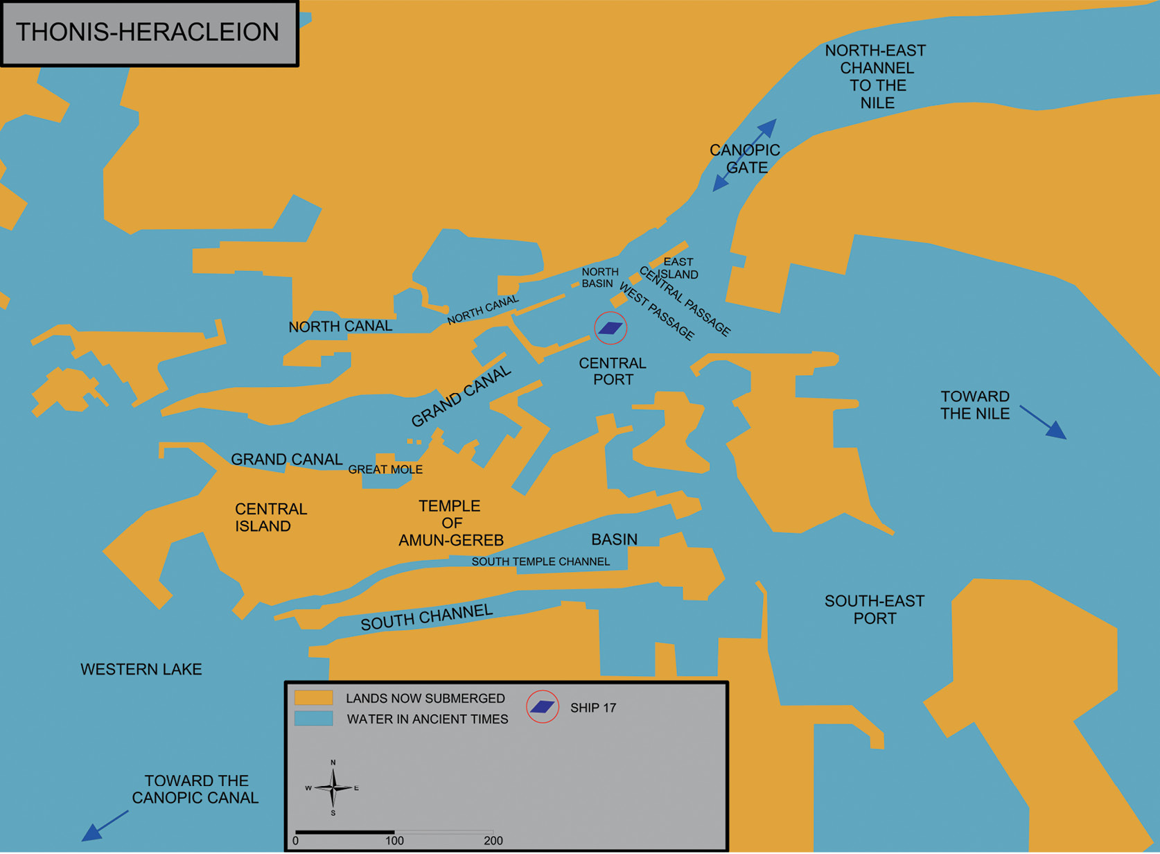 above Ship 17 (circled) lies in the former passage between two ports belonging to the submerged city of Thonis-Heracleion.
