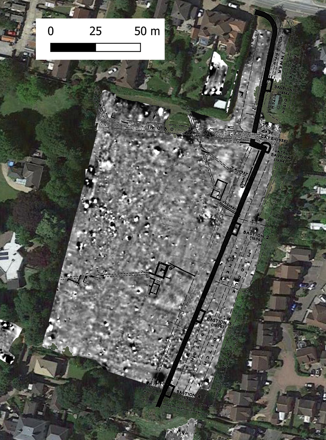 ABOVE LEFT The recent gradiometer survey, with results compared to features excavated by Corder in the 1930s.