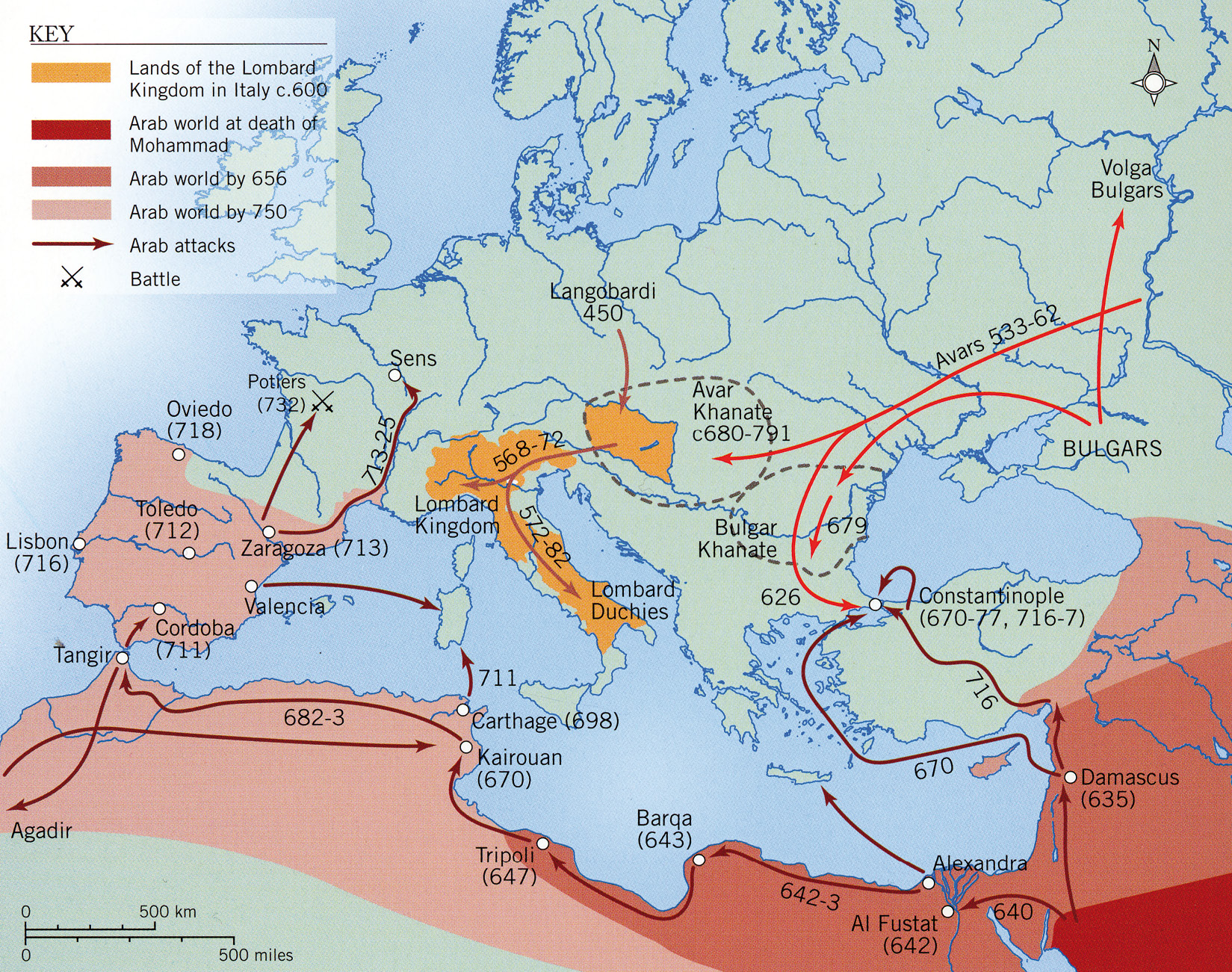 Above The turmoil of movement continued into the 6th, 7th, and 8th centuries AD, with irruptions of Lombards, Avars, Bulgars, and Arabs into Europe. Later still would come Vikings and Magyars.